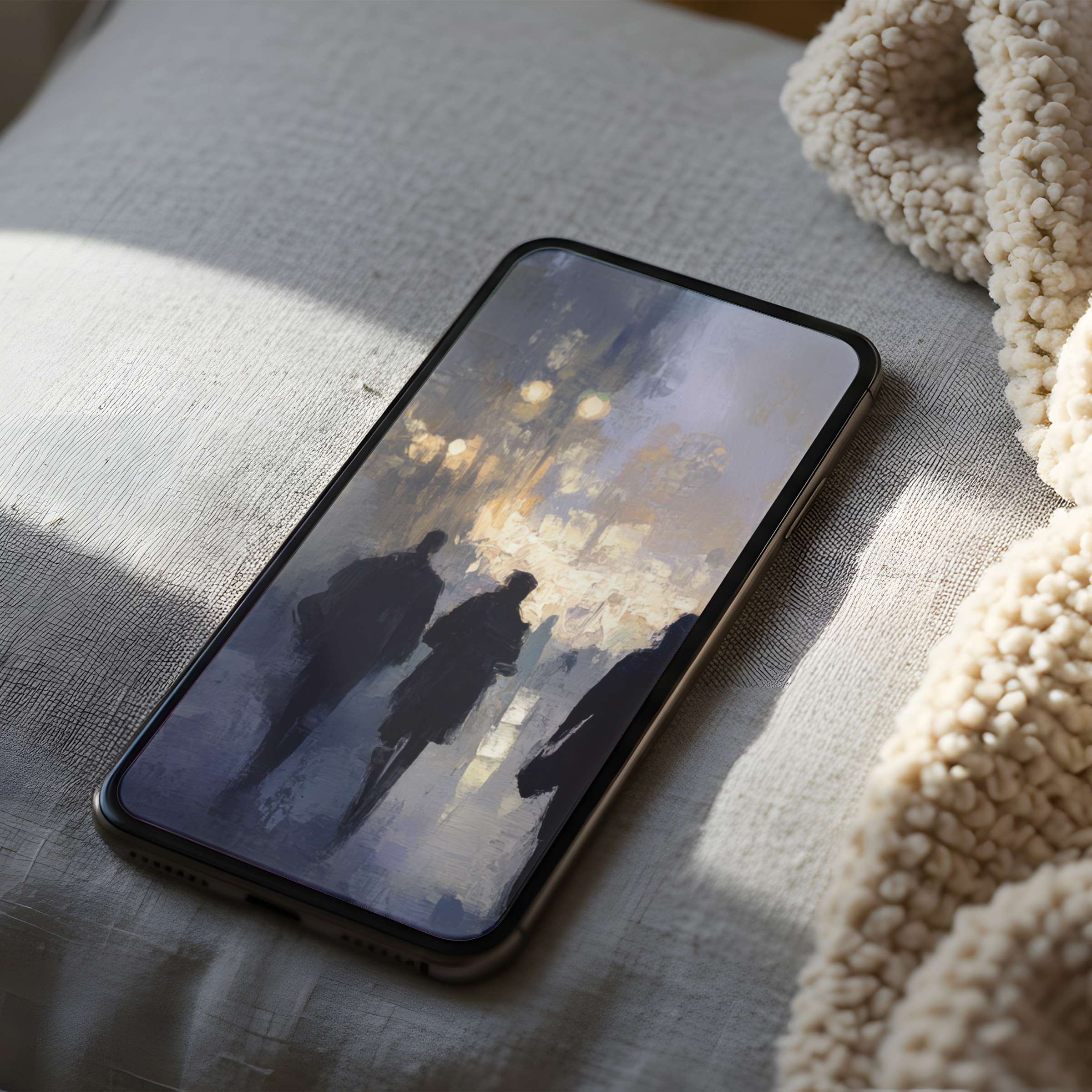 Urban night scene phone wallpaper in muted tones, evoking calm elegance suitable for iPhone and Android, perfect digital download
