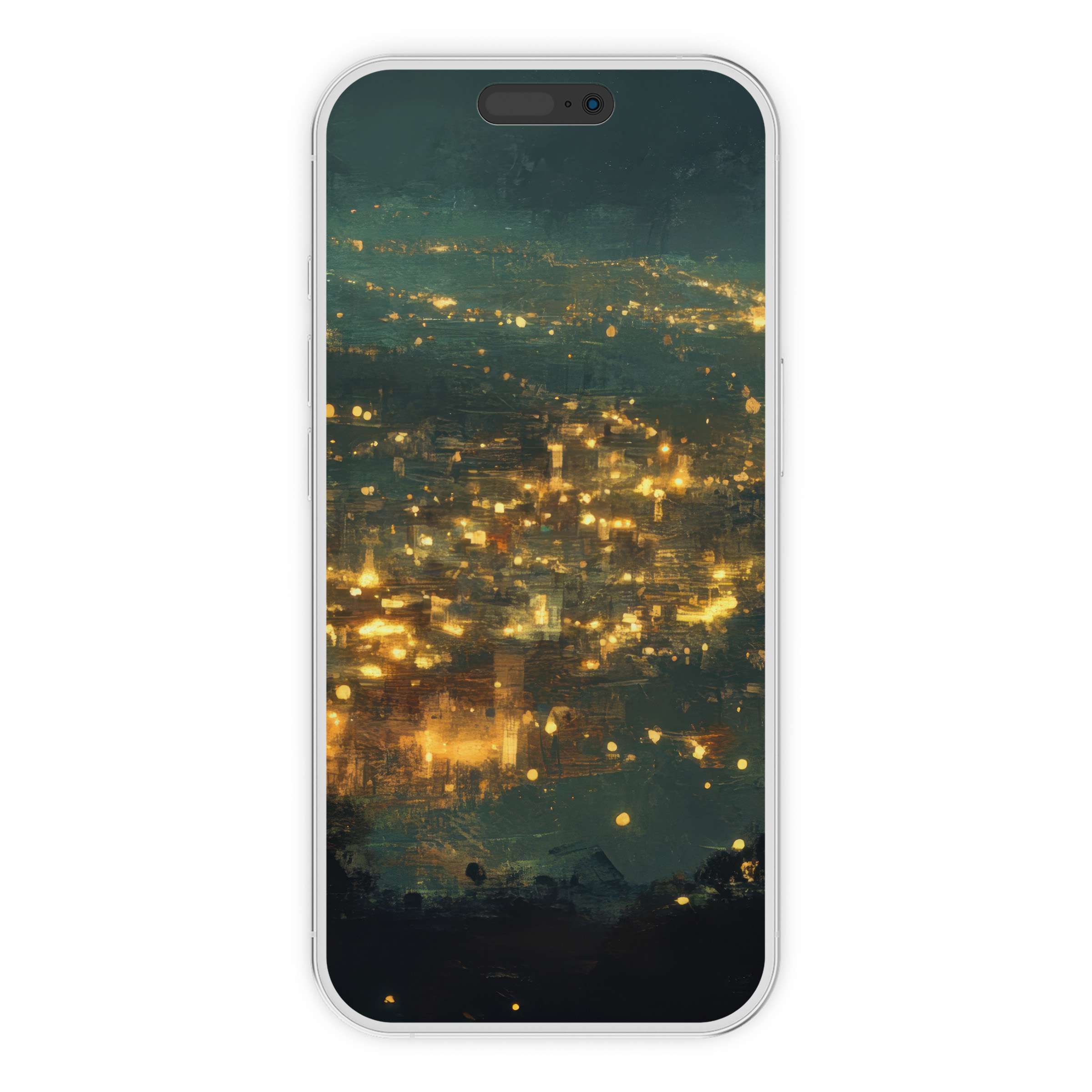 Urban art iPhone wallpaper featuring a dreamy cityscape with glowing lights in rich textures, perfect digital download for phone background