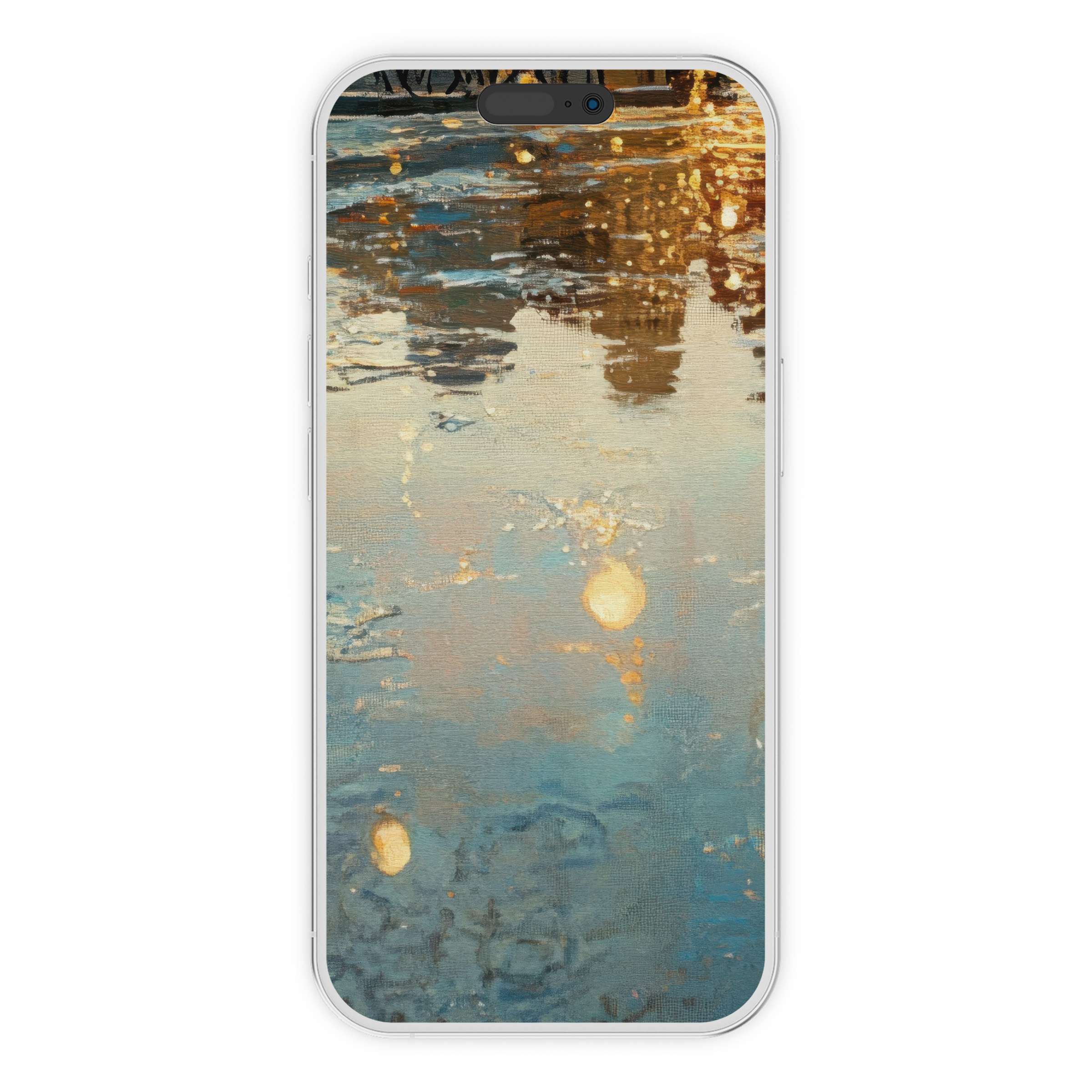 Urban art iPhone wallpaper with serene water reflections, warm lights, perfect digital download phone background for elegance and balance