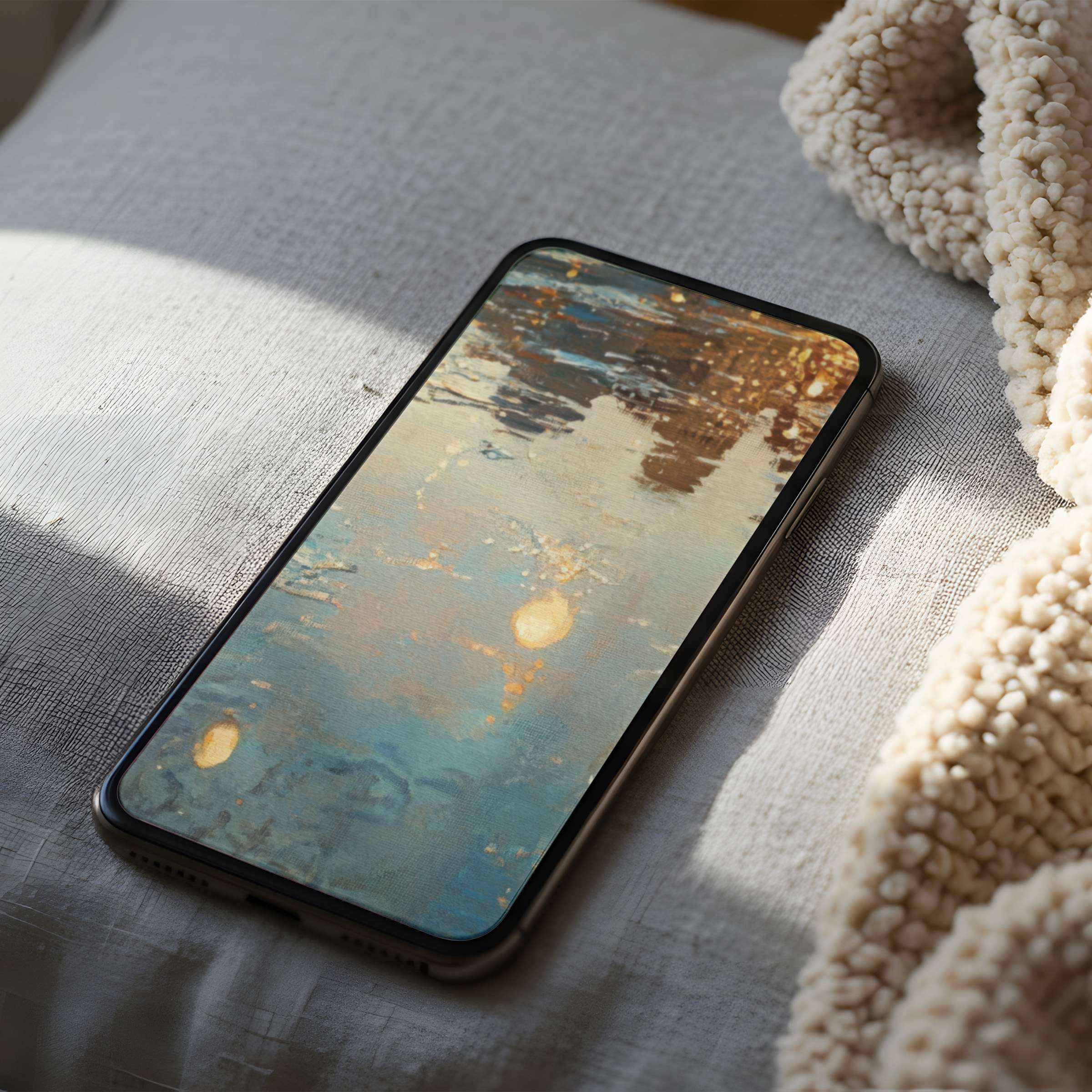 Elegant abstract phone wallpaper with tranquil blue-gold hues reflecting light perfect for high resolution iPhone and Android download