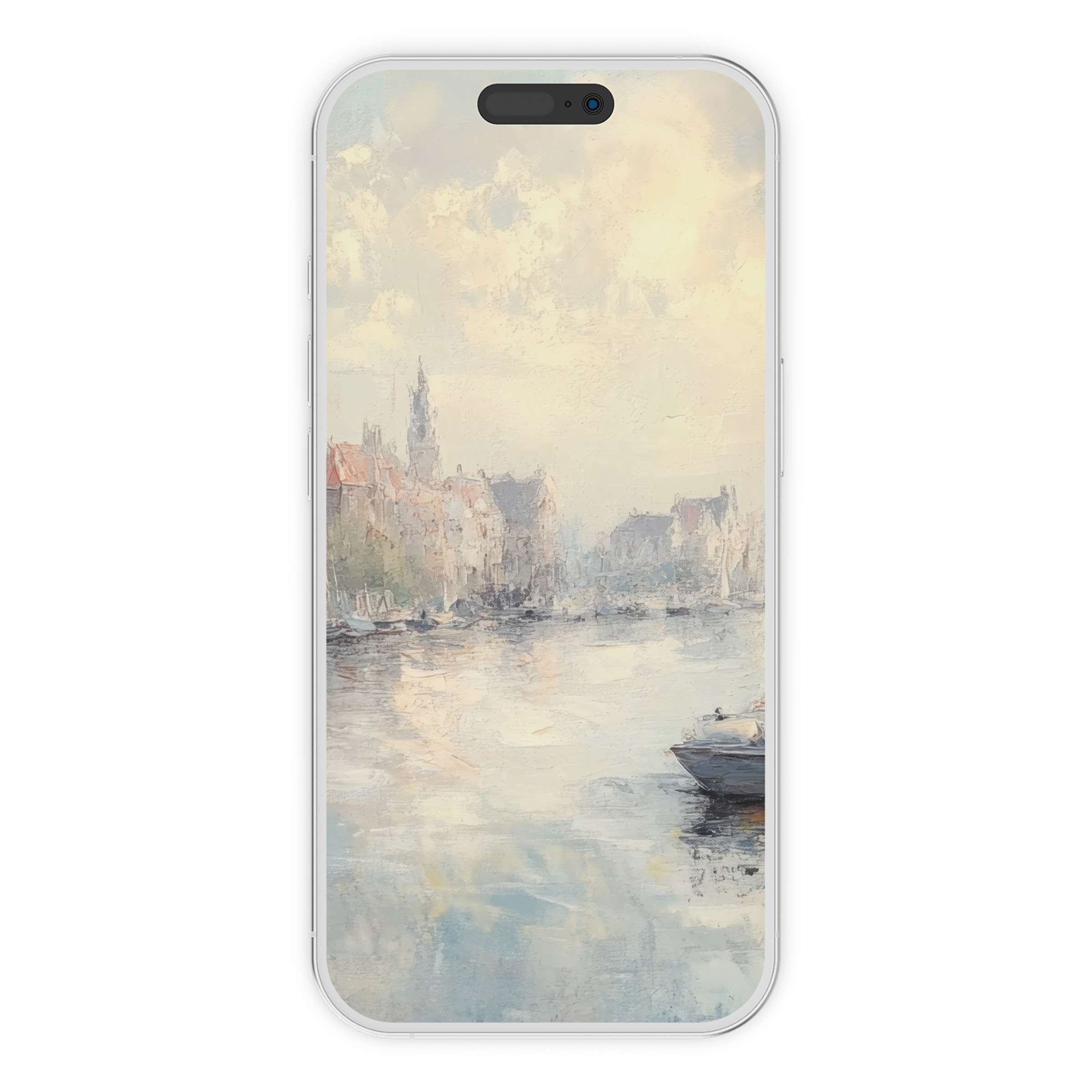 Elegant urban art iPhone wallpaper with serene pastel tones and impressionist cityscape, perfect phone background for digital download users