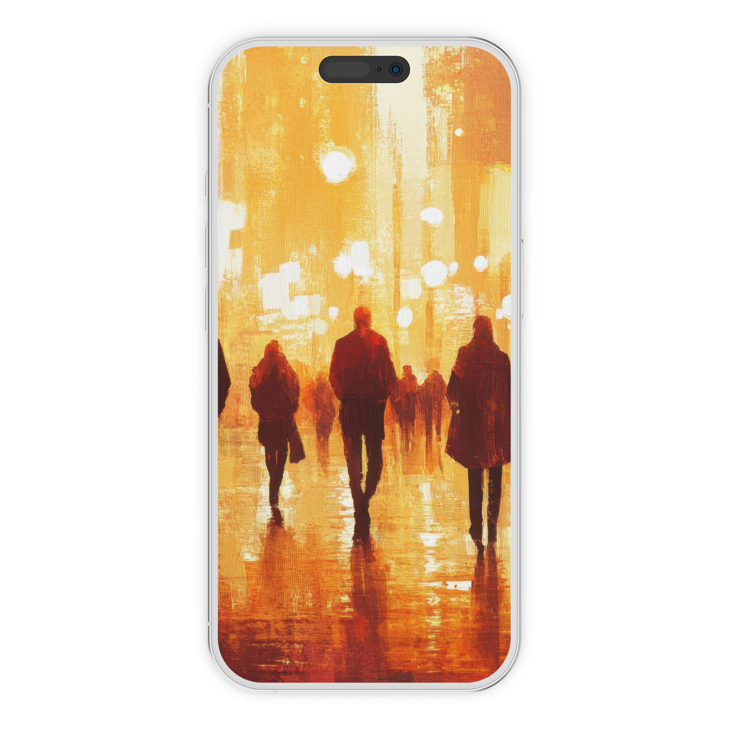 Urban art iPhone wallpaper exudes a warm, luminescent vibe with abstract figures, perfect phone background for digital download