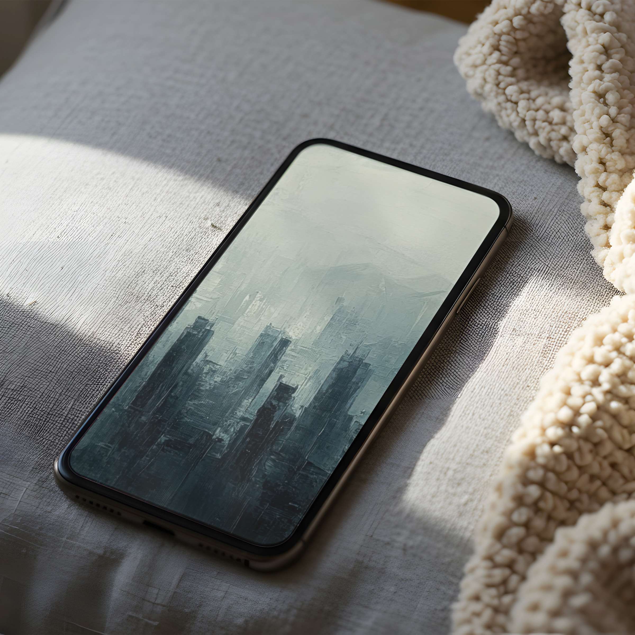 Serene cityscape phone wallpaper in soft blues and grays, perfect for iPhone or Android, offers a calming digital download experience