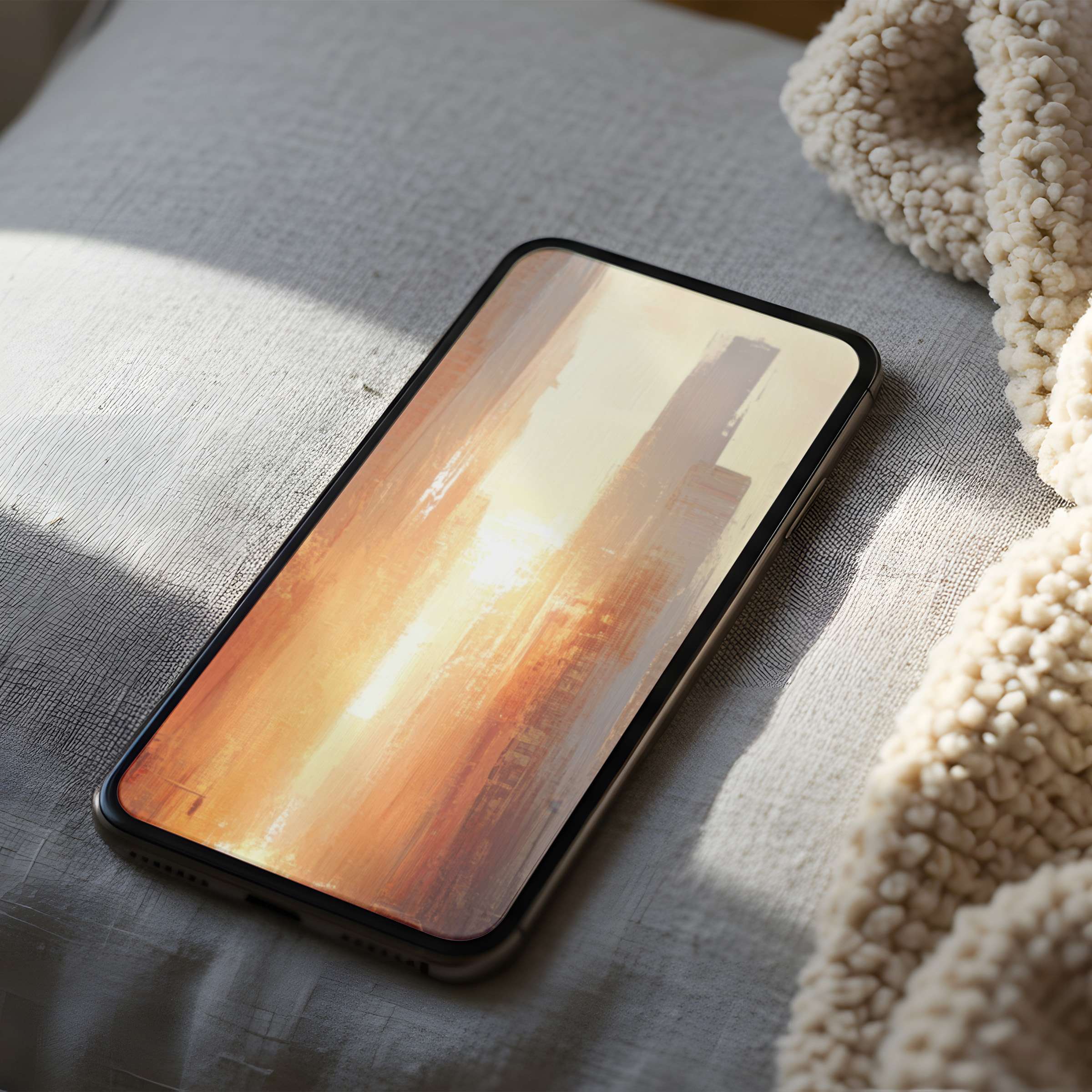 Elegant phone wallpaper featuring a serene cityscape in warm sunset hues, perfect for iPhone and Android, high resolution download