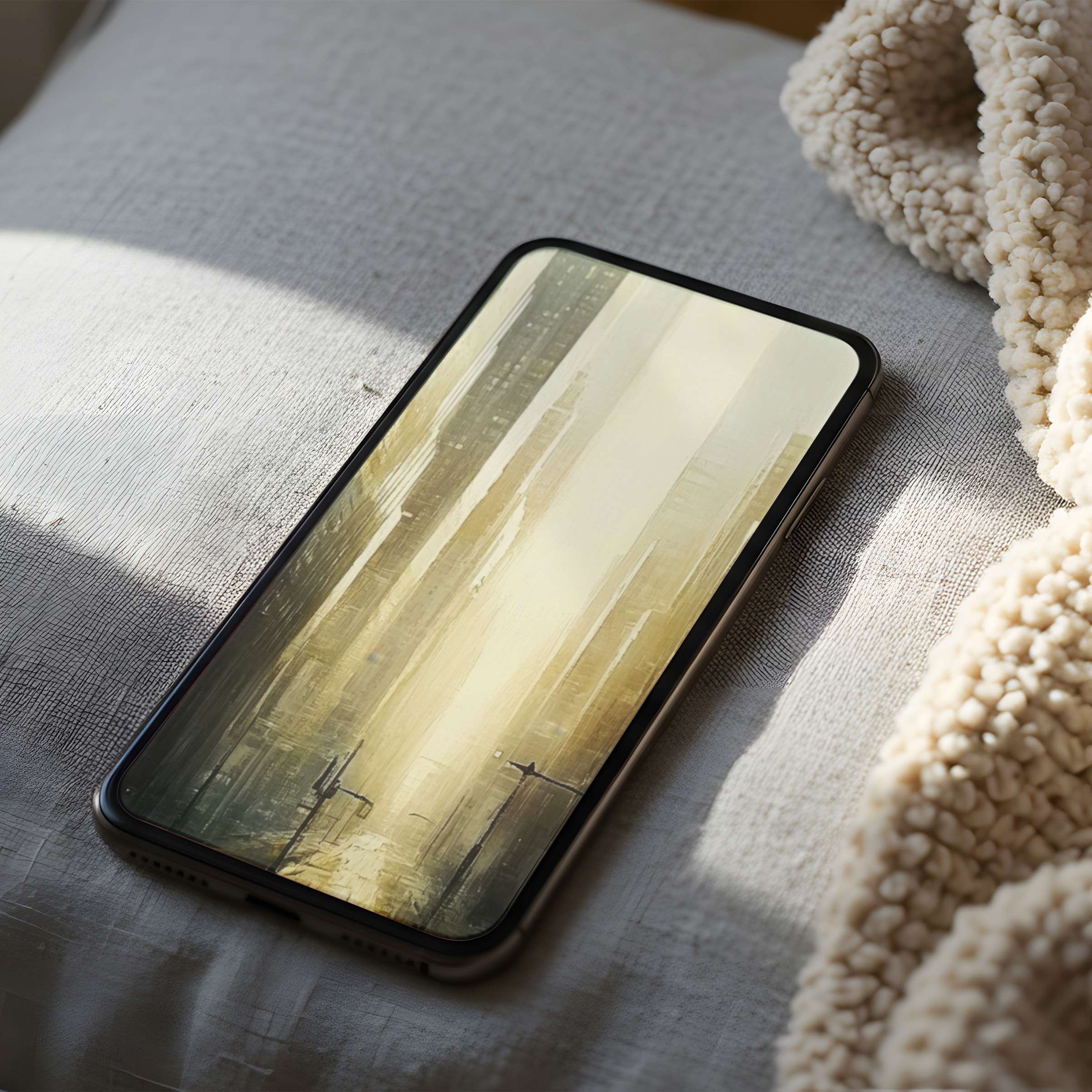Elegant phone wallpaper featuring a serene abstract cityscape in warm tones perfect for iPhone high resolution digital download