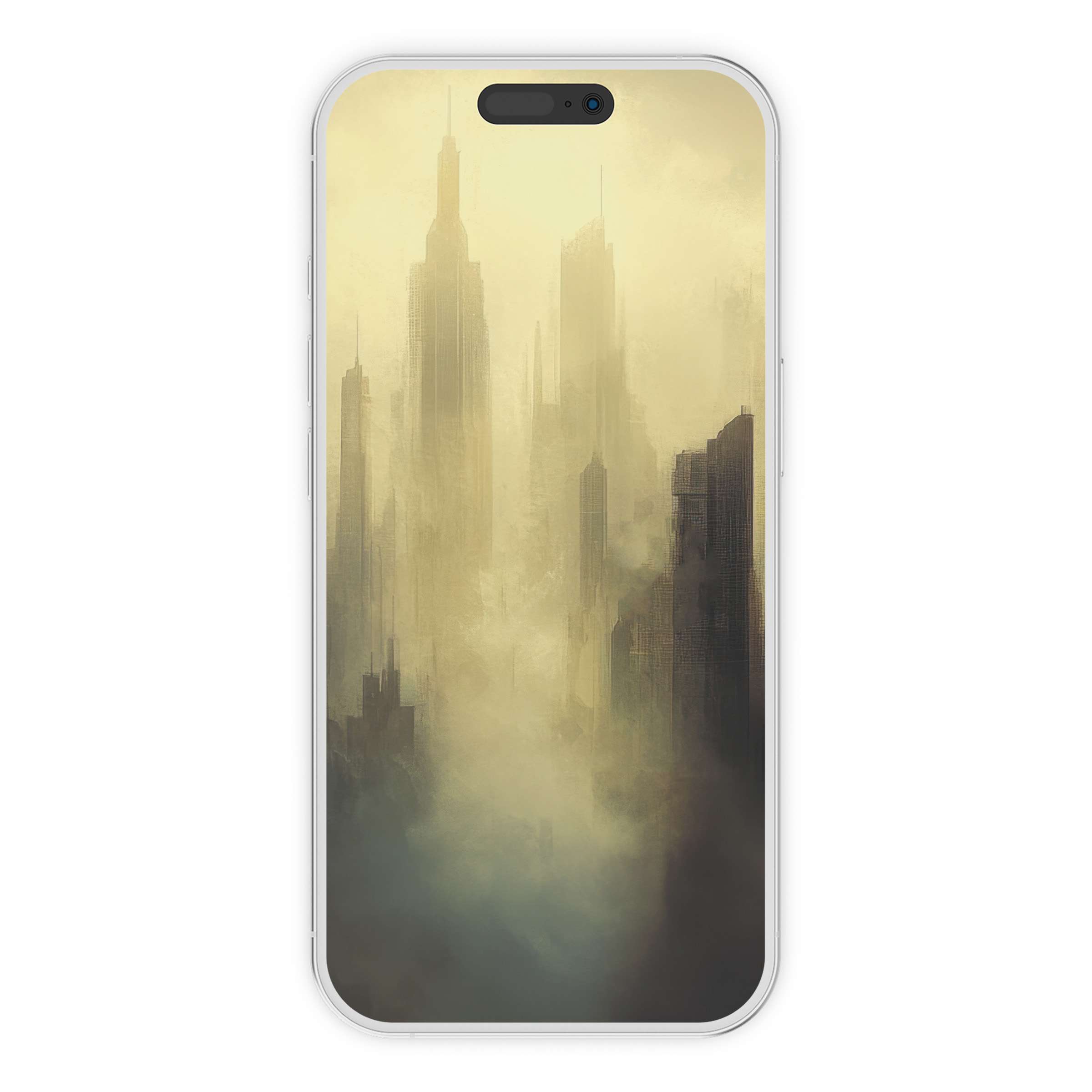 Urban art iPhone wallpaper featuring misty skyscrapers in soft earth tones exudes calmness ideal for phone background digital download