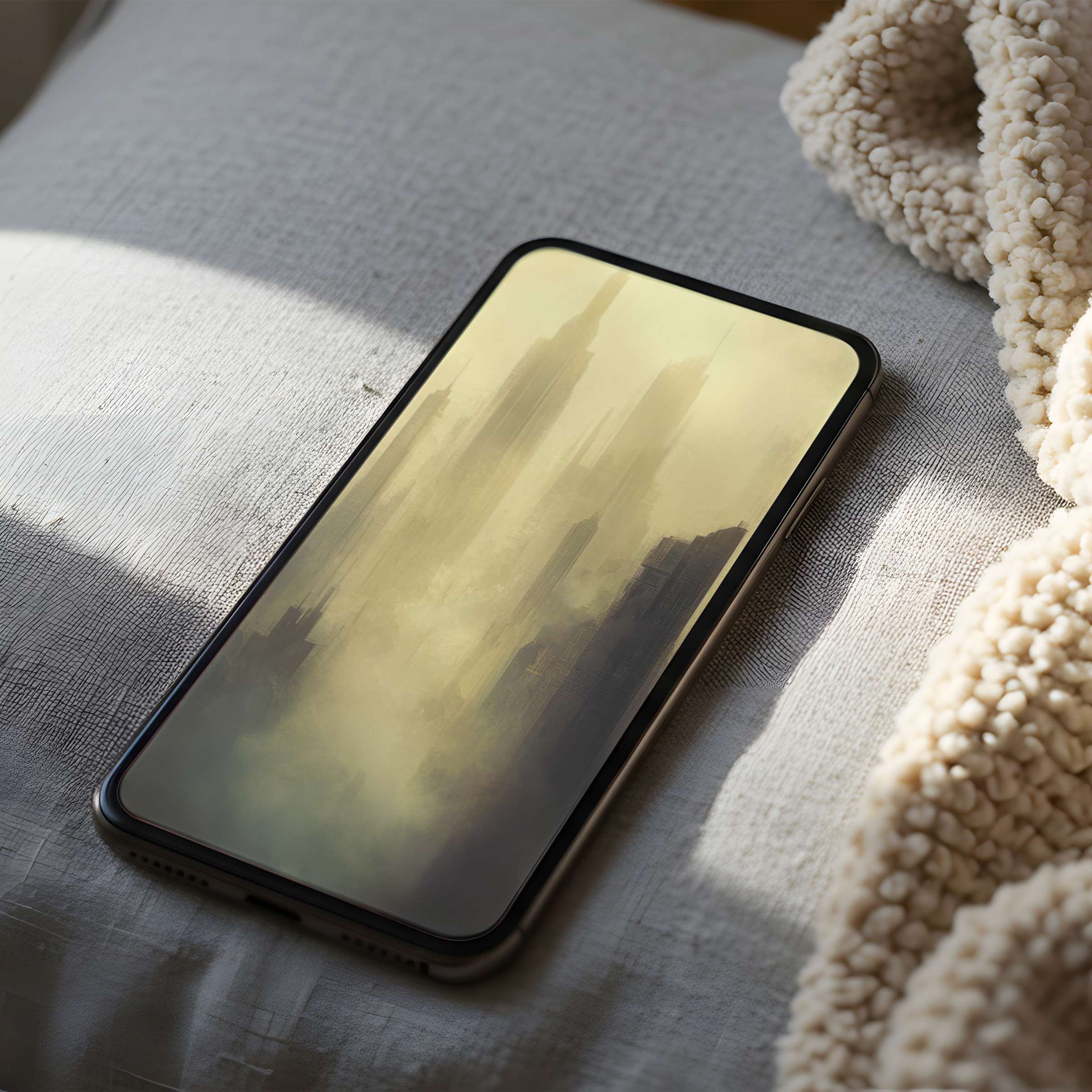 Misty skyline phone wallpaper in serene tones, ideal for iPhone and Android, offering a calming digital download for design lovers