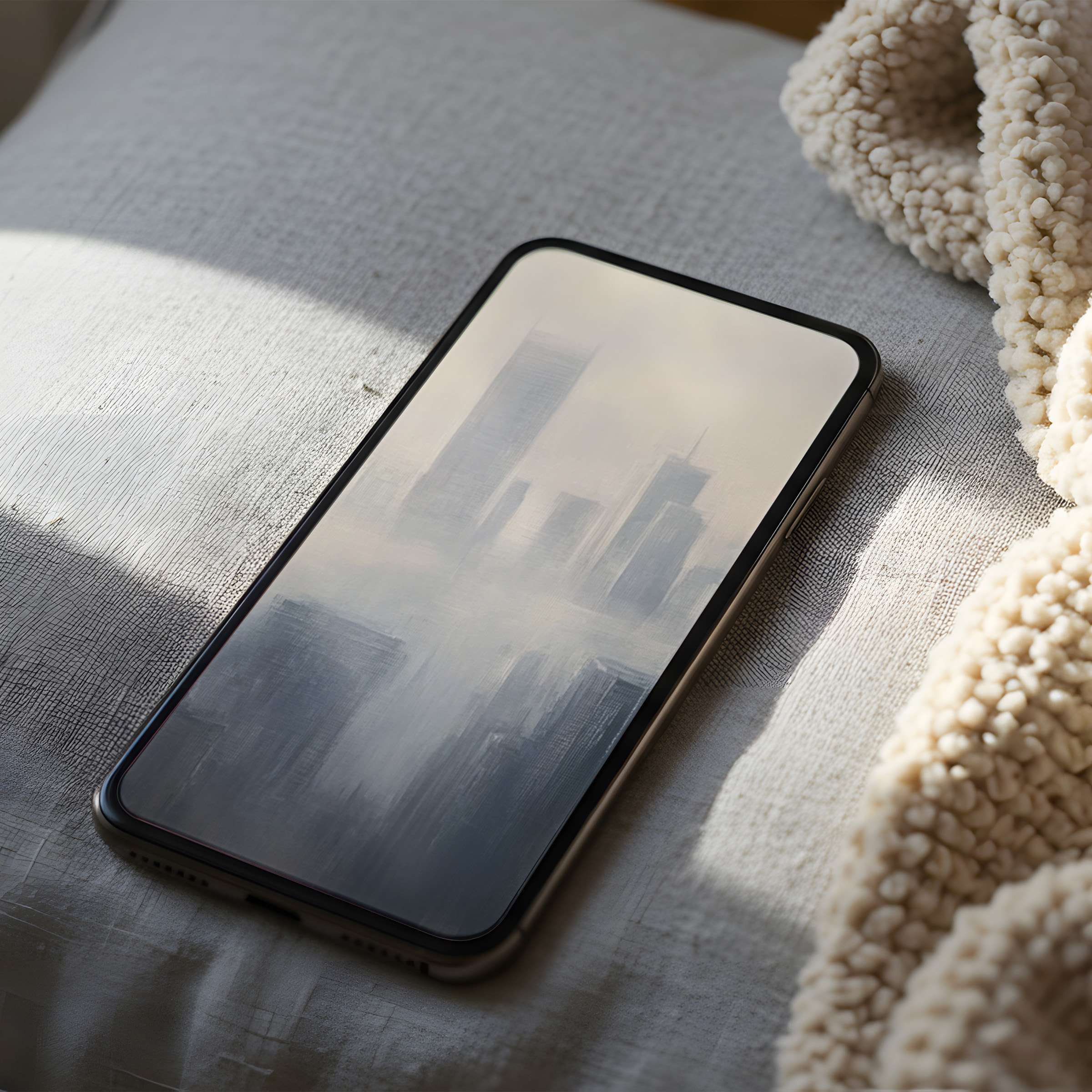 Elegant digital art phone wallpaper with misty cityscape in neutral tones enhances serene aesthetics on iPhone or Android screens