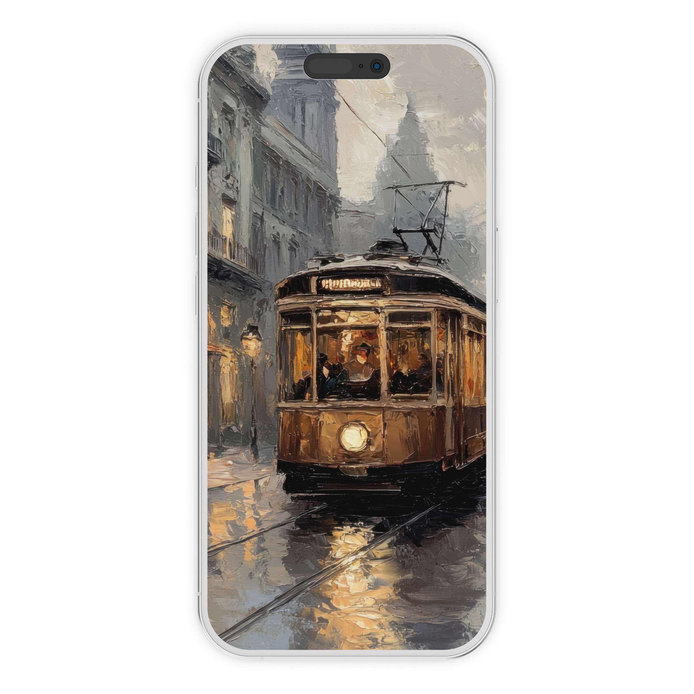 Urban art iPhone wallpaper depicting a vintage tram in moody tones perfect for phone background digital download artful expression