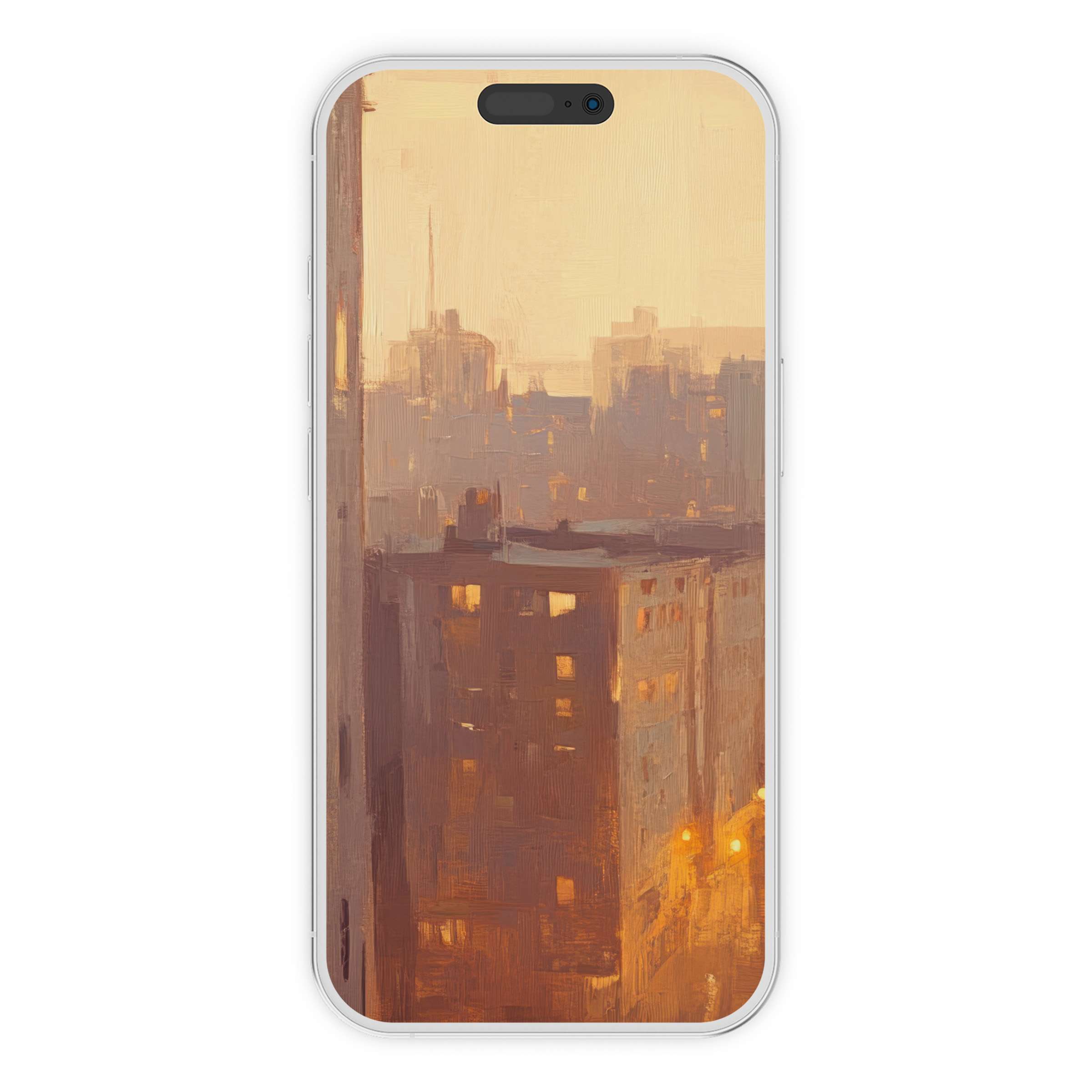 Warm-toned urban art iPhone wallpaper digital download offers a serene cityscape background for phone, seamless for Android too