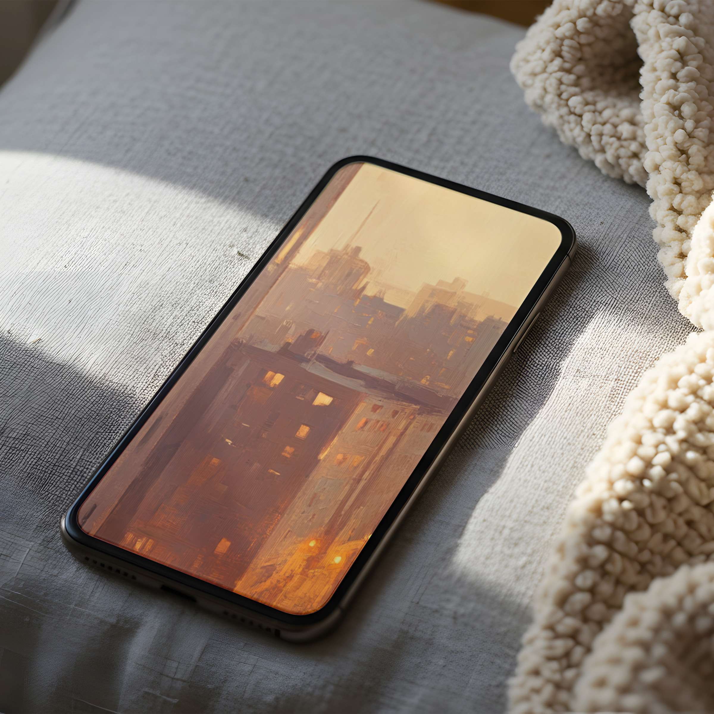 Elegant cityscape phone wallpaper in warm pastel tones, perfect for iPhone and android digital download, evoking serene urban tranquility