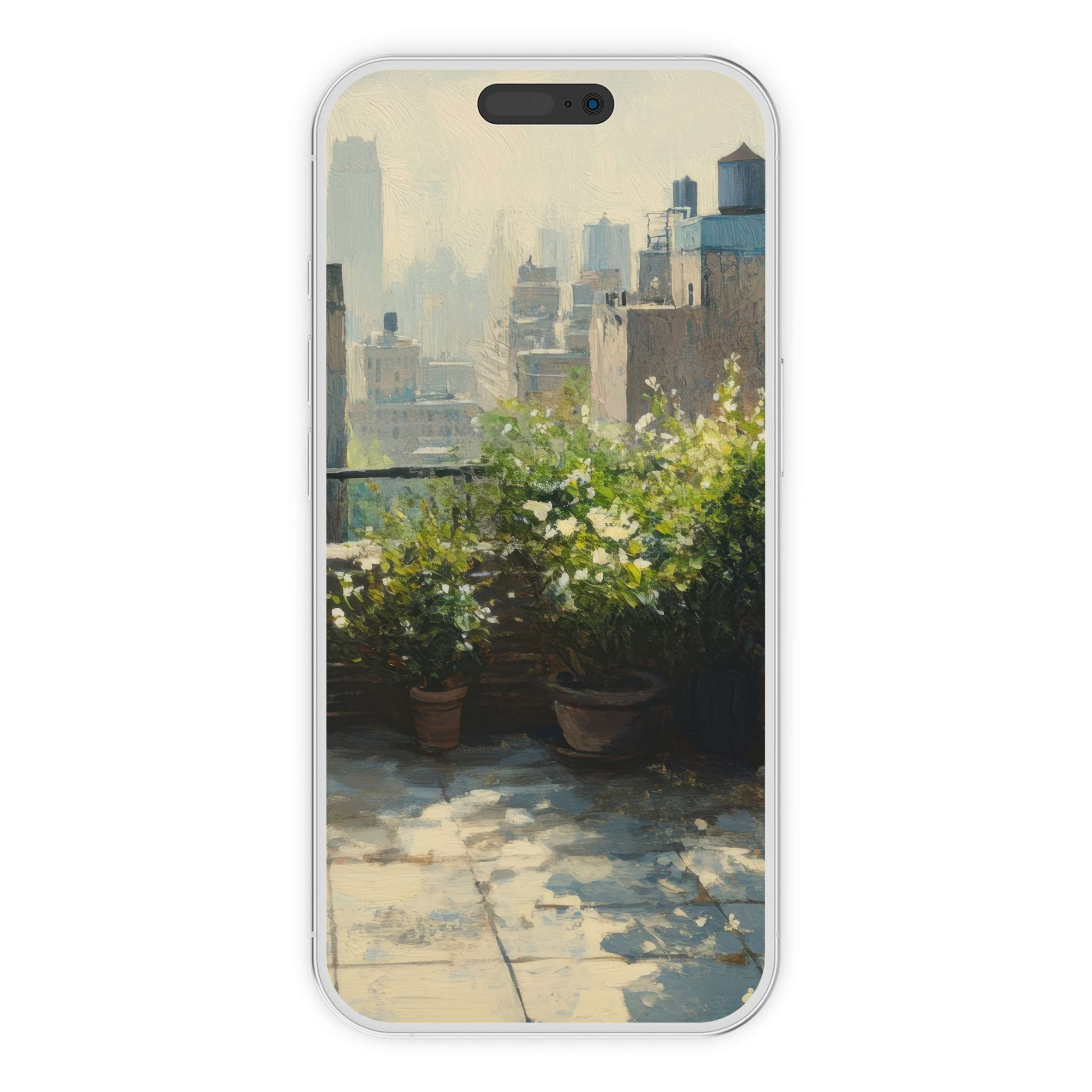 Urban art iPhone wallpaper features a serene city terrace with lush greenery in soft hues, ideal phone background digital download