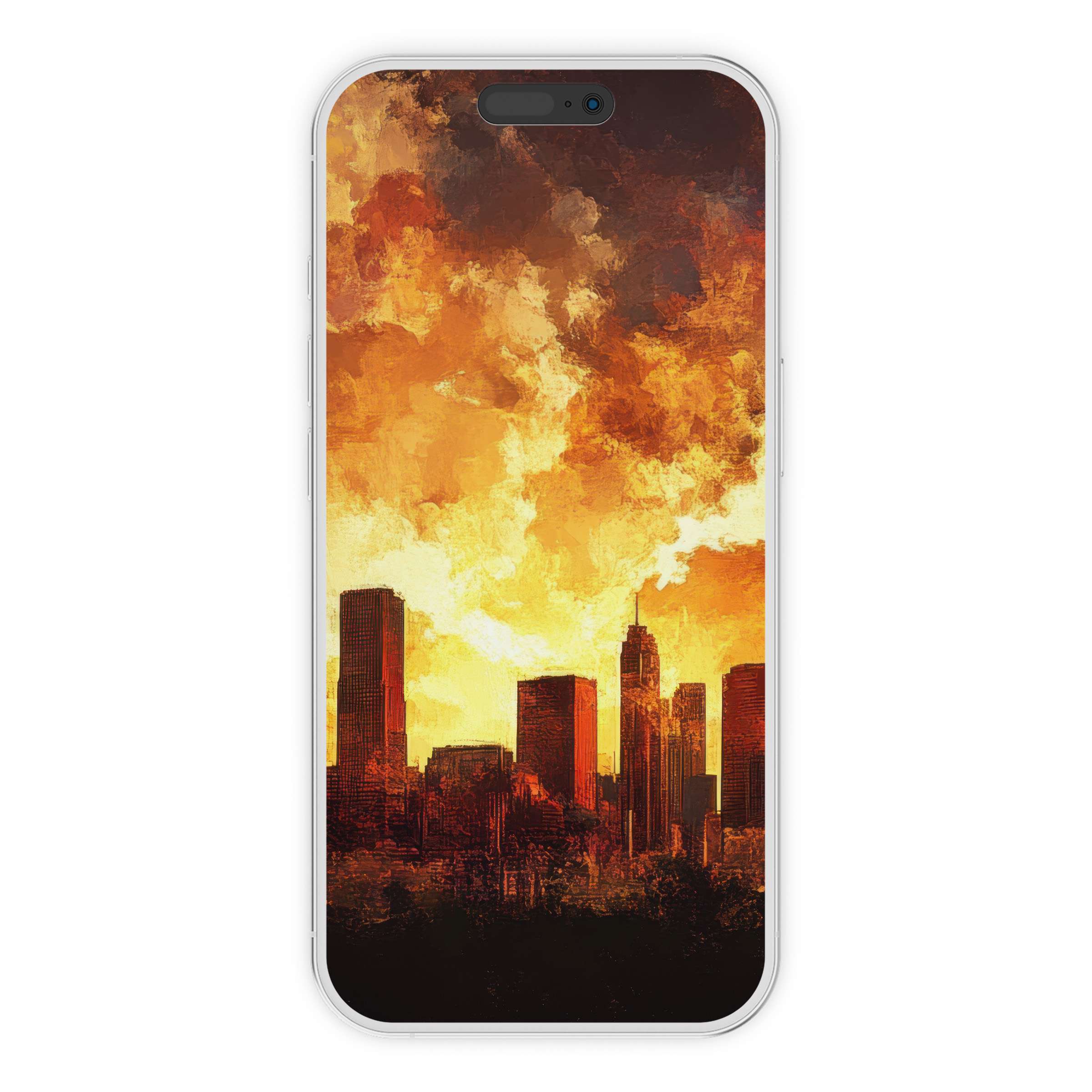 Vibrant urban art iPhone wallpaper digital download features a sunset skyline for elegant phone background suitable for Android