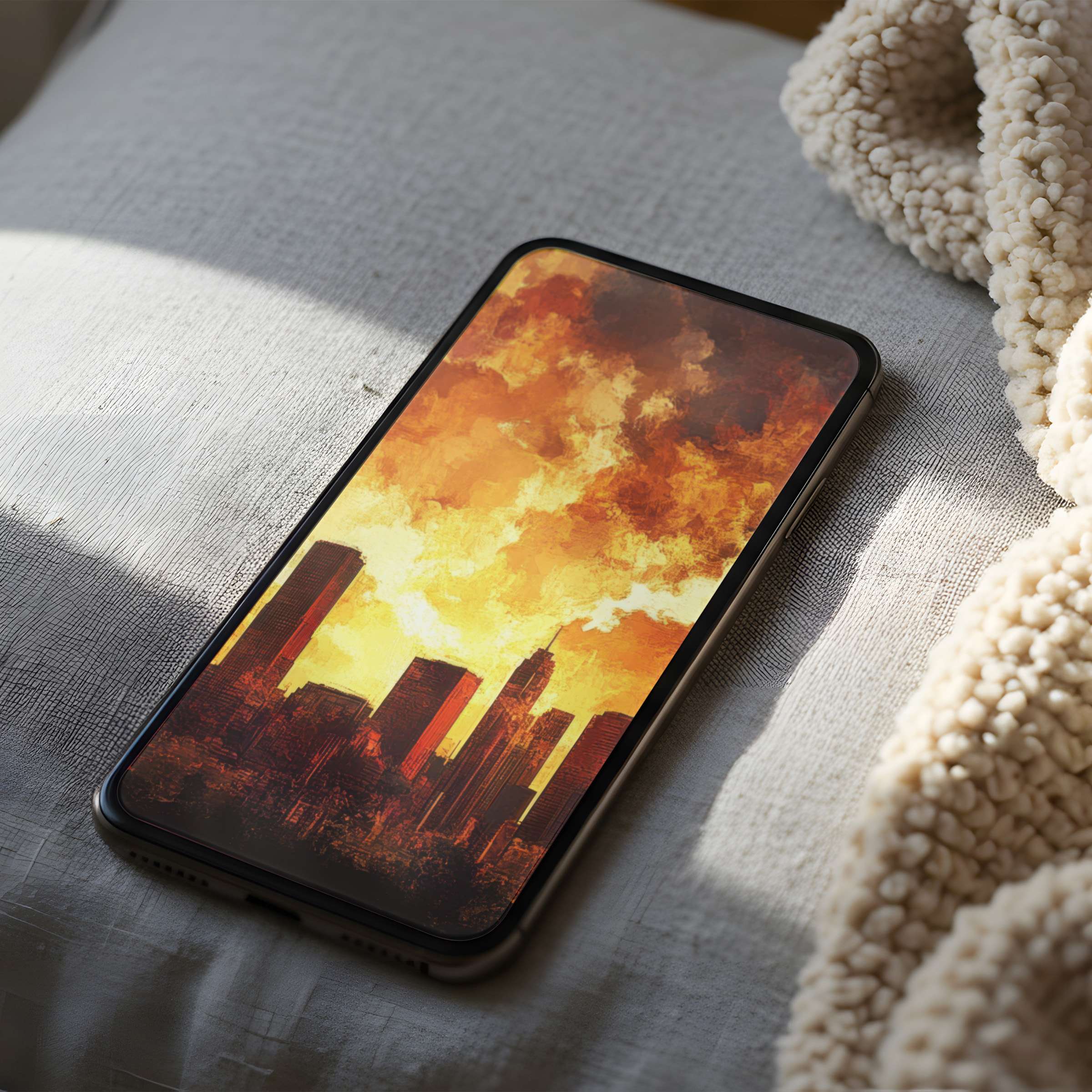 Elegant phone wallpaper with a vibrant skyline painting in fiery hues brings warmth to any device perfect for iPhone and Android users