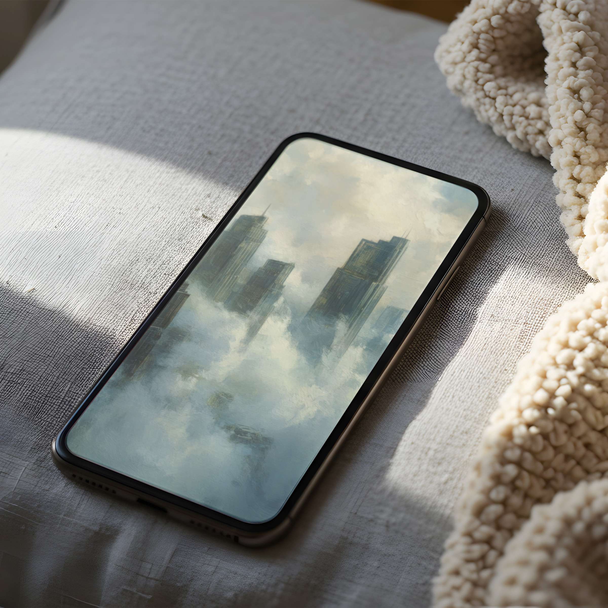 Serene abstract cityscape phone wallpaper in soft grays and blues, perfect for iPhone and Android digital download, enhancing tranquility