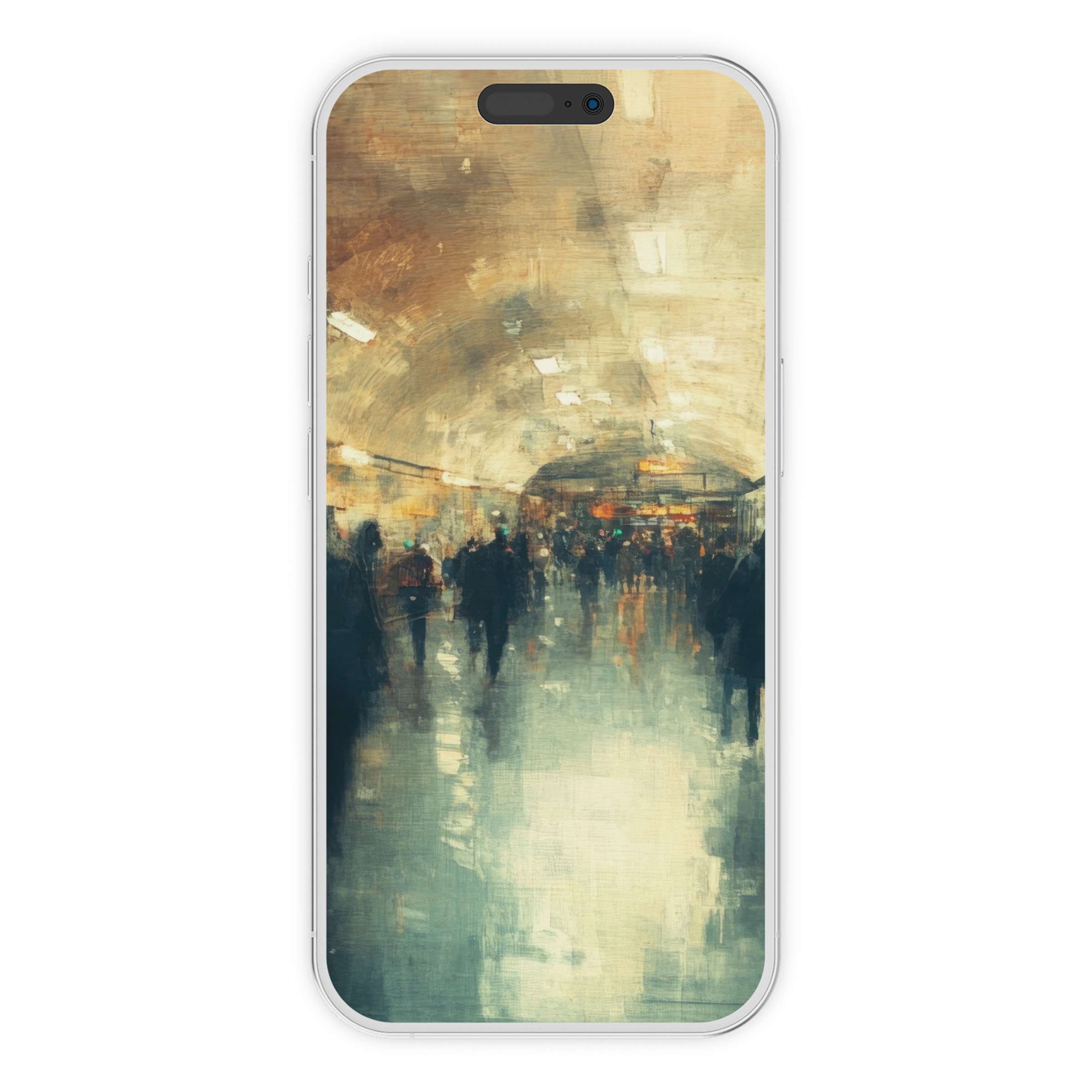 Urban art iPhone wallpaper featuring an abstract subway scene with soft, warm hues offers a calming phone background for digital download
