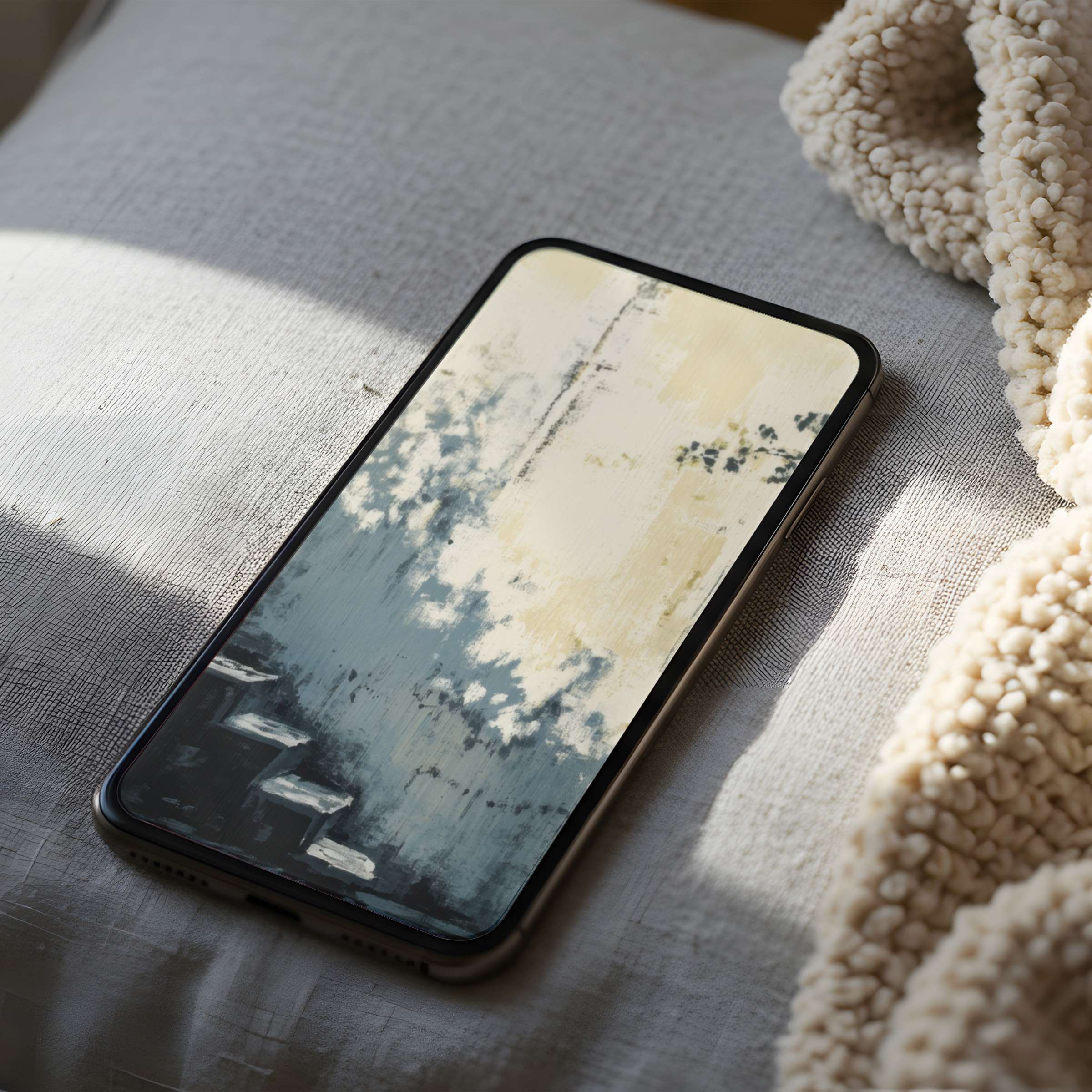 Elegant abstract phone wallpaper in calming hues of blue and beige offering a high-resolution digital download for iPhone and Android