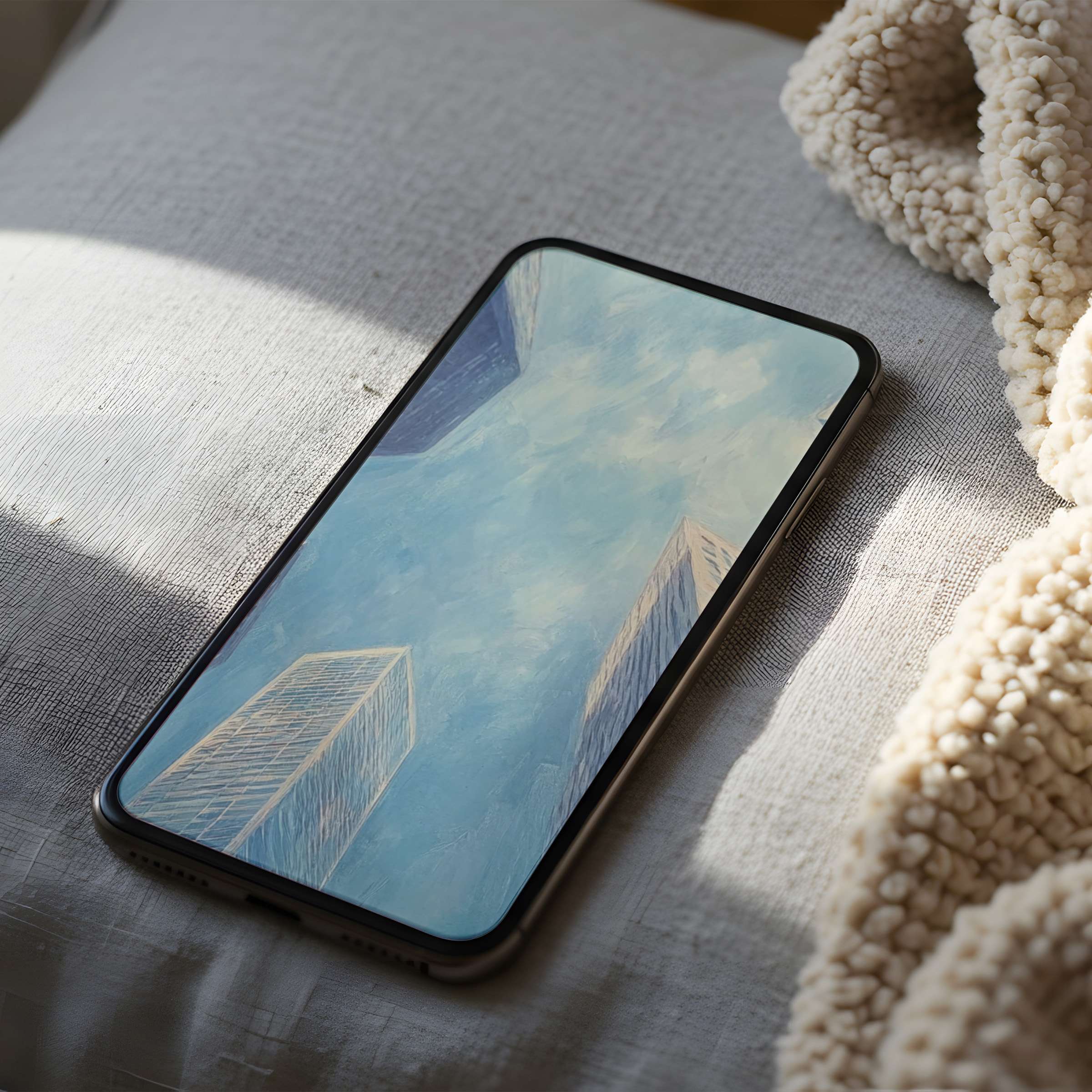 Elegant skyscraper phone wallpaper in soothing blue tones, perfect for iPhone and Android, offering a calming digital download experience