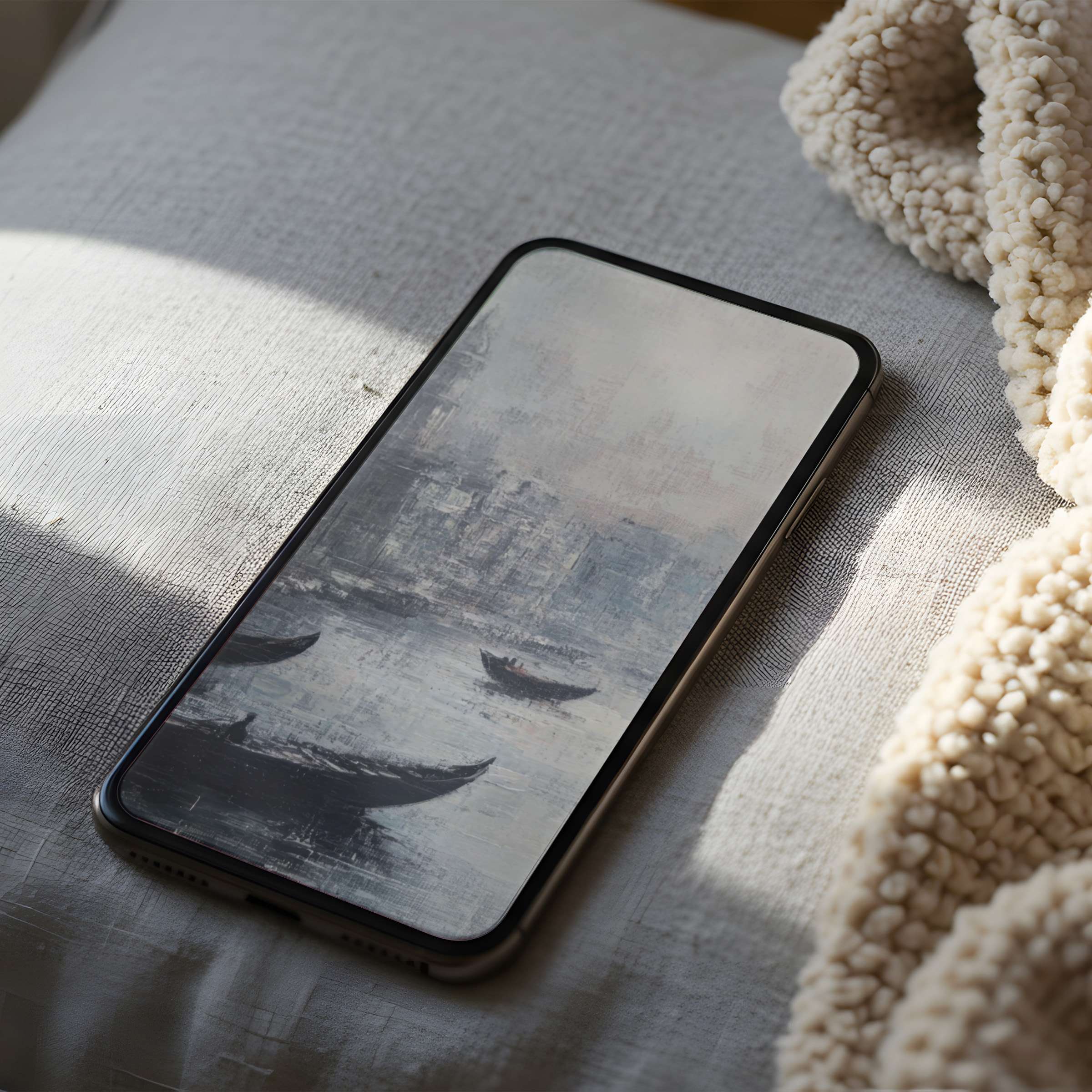 Elegant phone wallpaper featuring serene boats in misty pastels enhances calm living spaces suitable for iPhone, Android, digital download