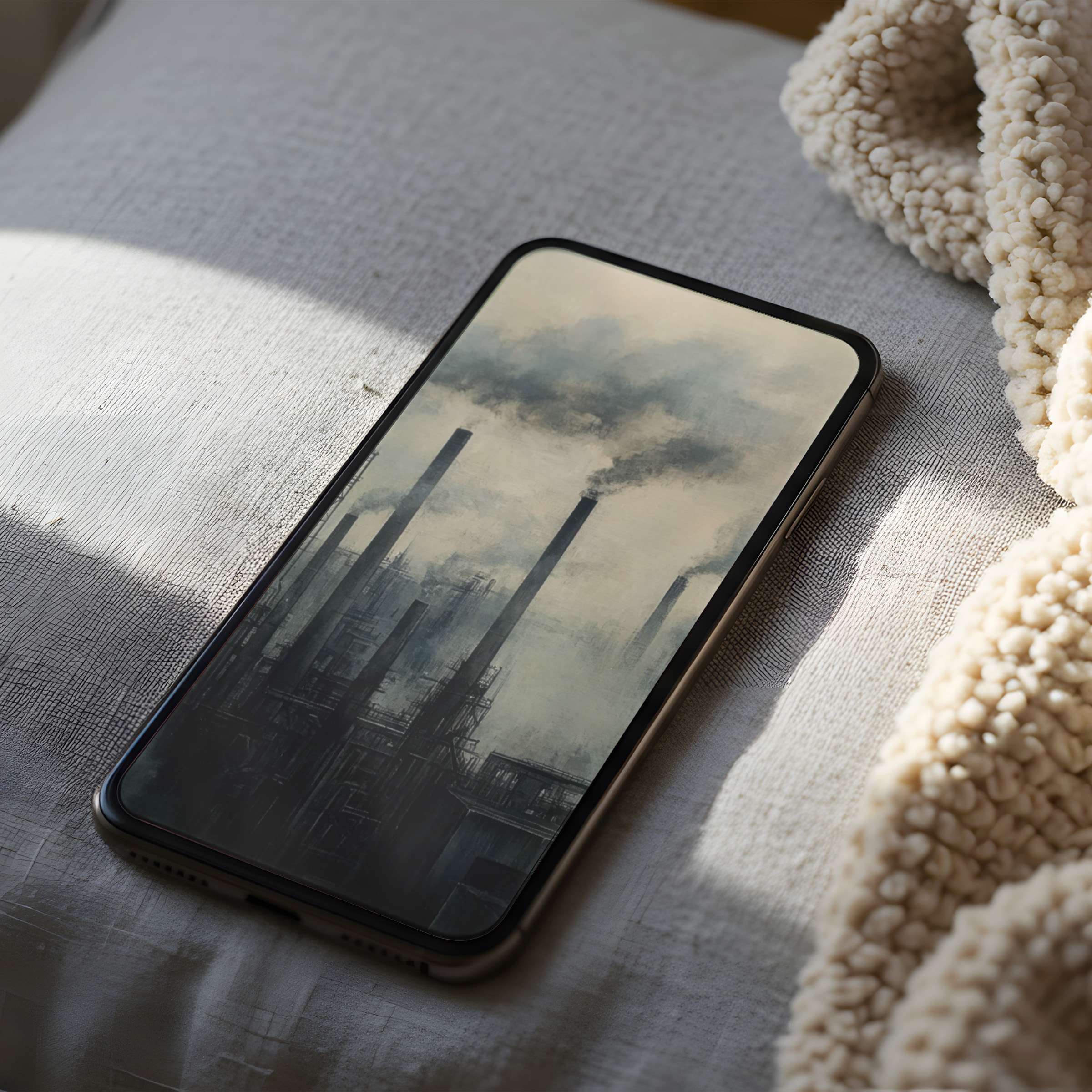 Moody industrial scene phone wallpaper on display, perfect for iPhone or Android, offering high resolution and serene digital artistry