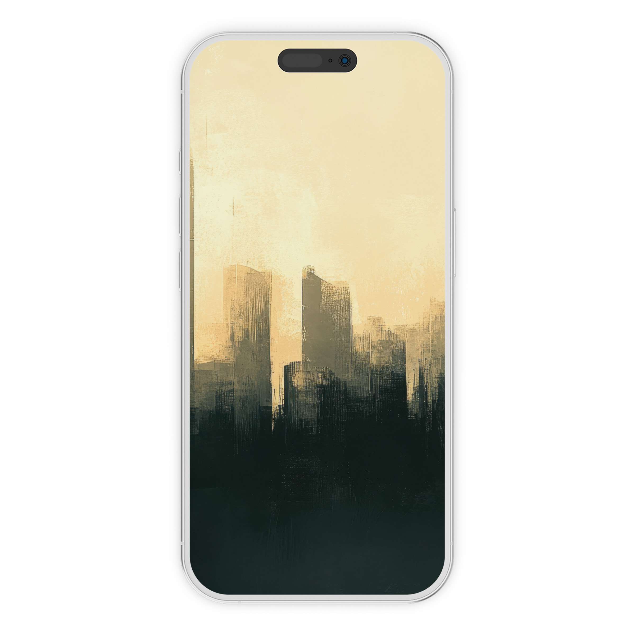 Urban art iPhone wallpaper features a serene city skyline in abstract brush strokes and warm hues, ideal for phone background digital download
