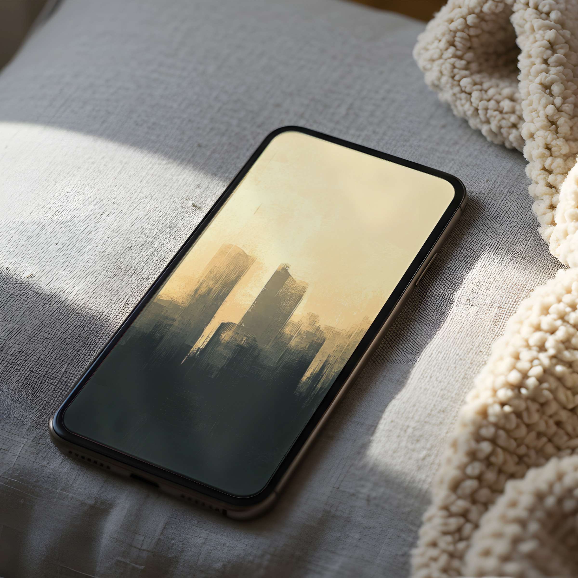 Elegant phone wallpaper featuring a tranquil cityscape in warm hues on high resolution, perfect for iPhone and Android digital downloads
