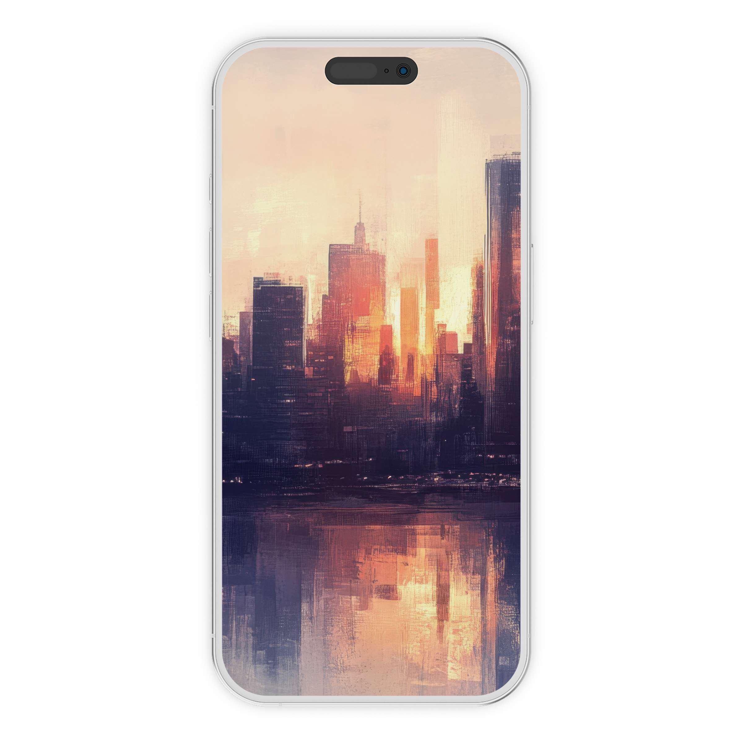 Urban art iPhone wallpaper showcasing a serene cityscape at sunset with warm hues, perfect for phone background digital download