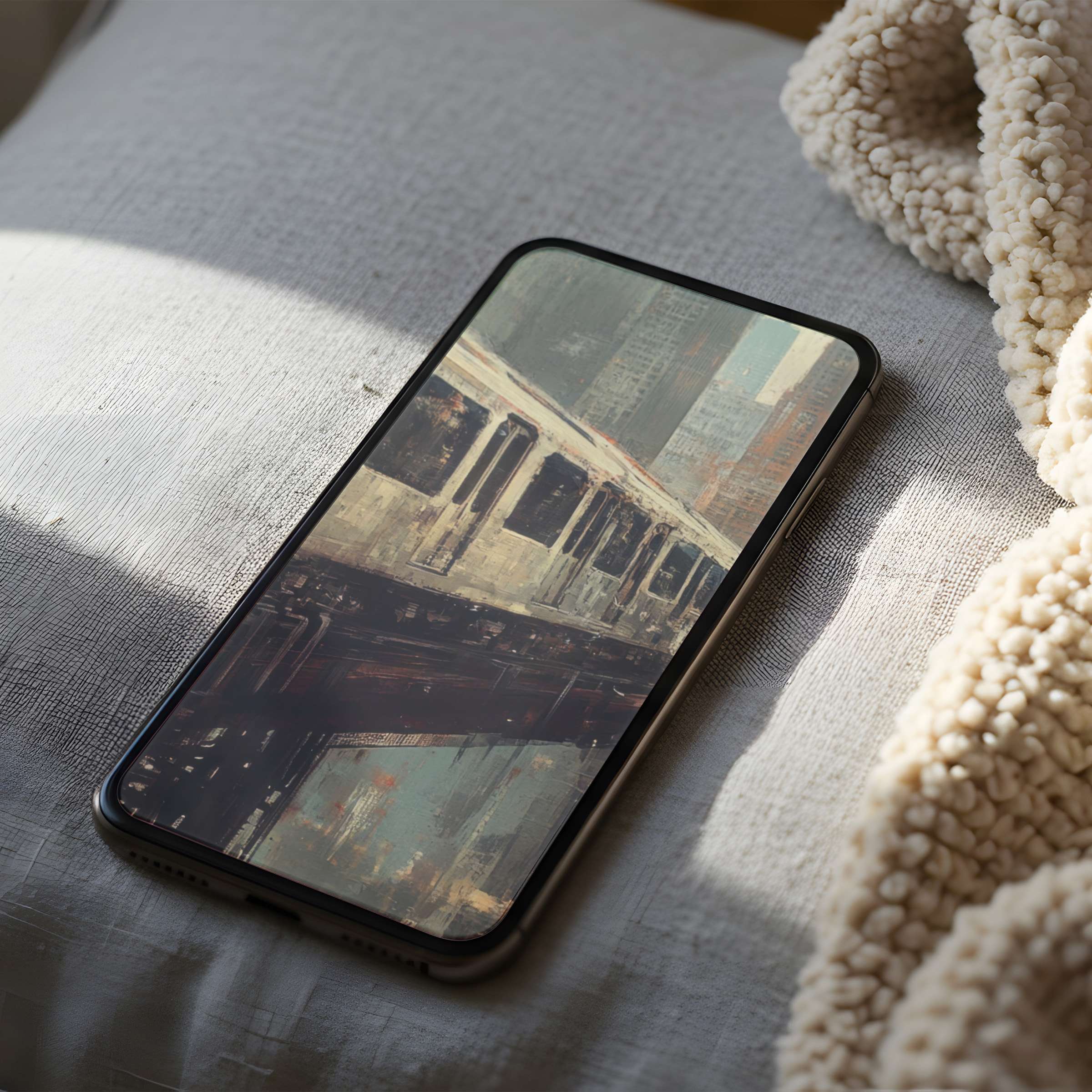 Elegant urban phone wallpaper featuring a serene cityscape with soft hues perfect for iPhone and Android high-resolution digital download