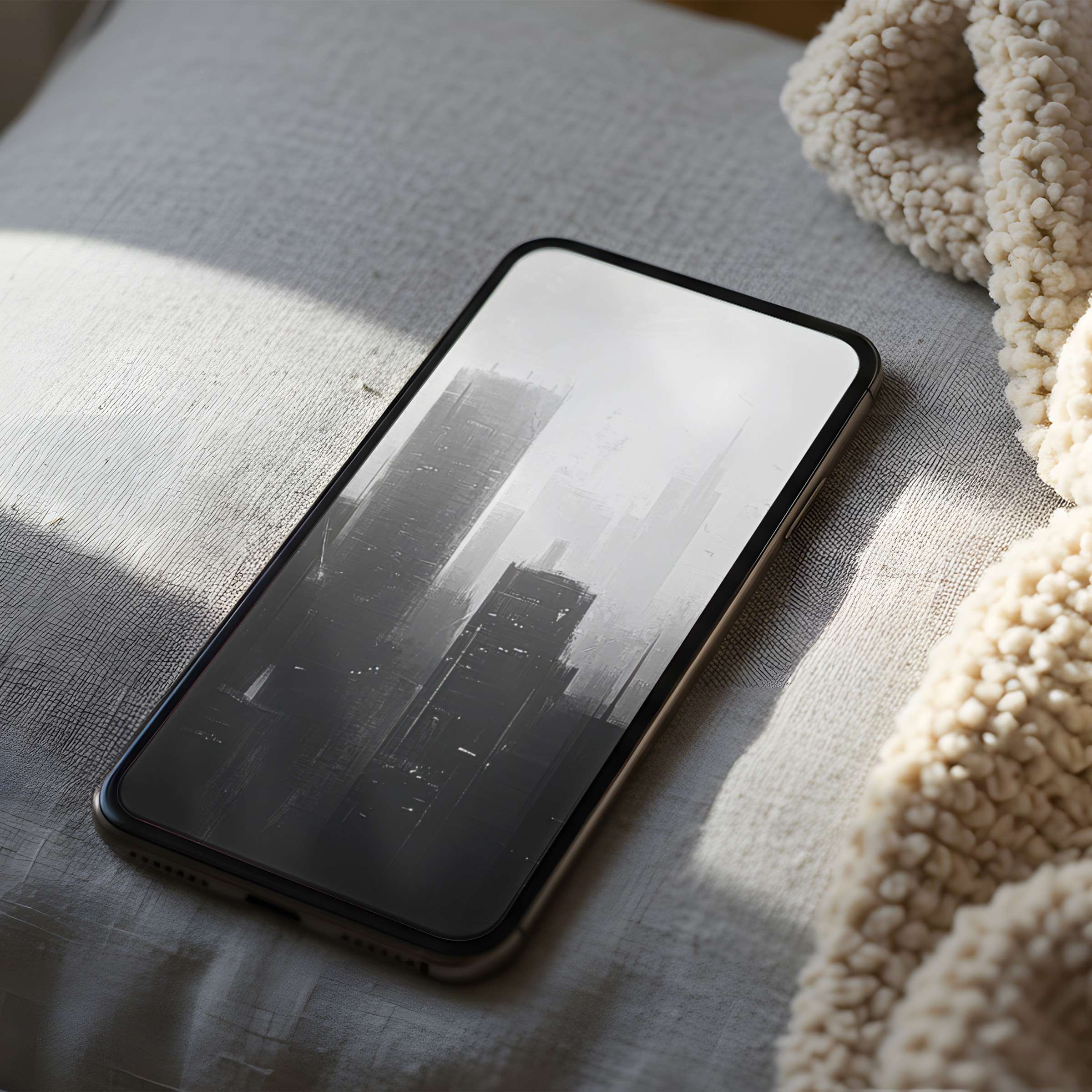 Calm and elegant phone wallpaper featuring a high-resolution cityscape in grayscale, perfect for iPhone and Android digital download