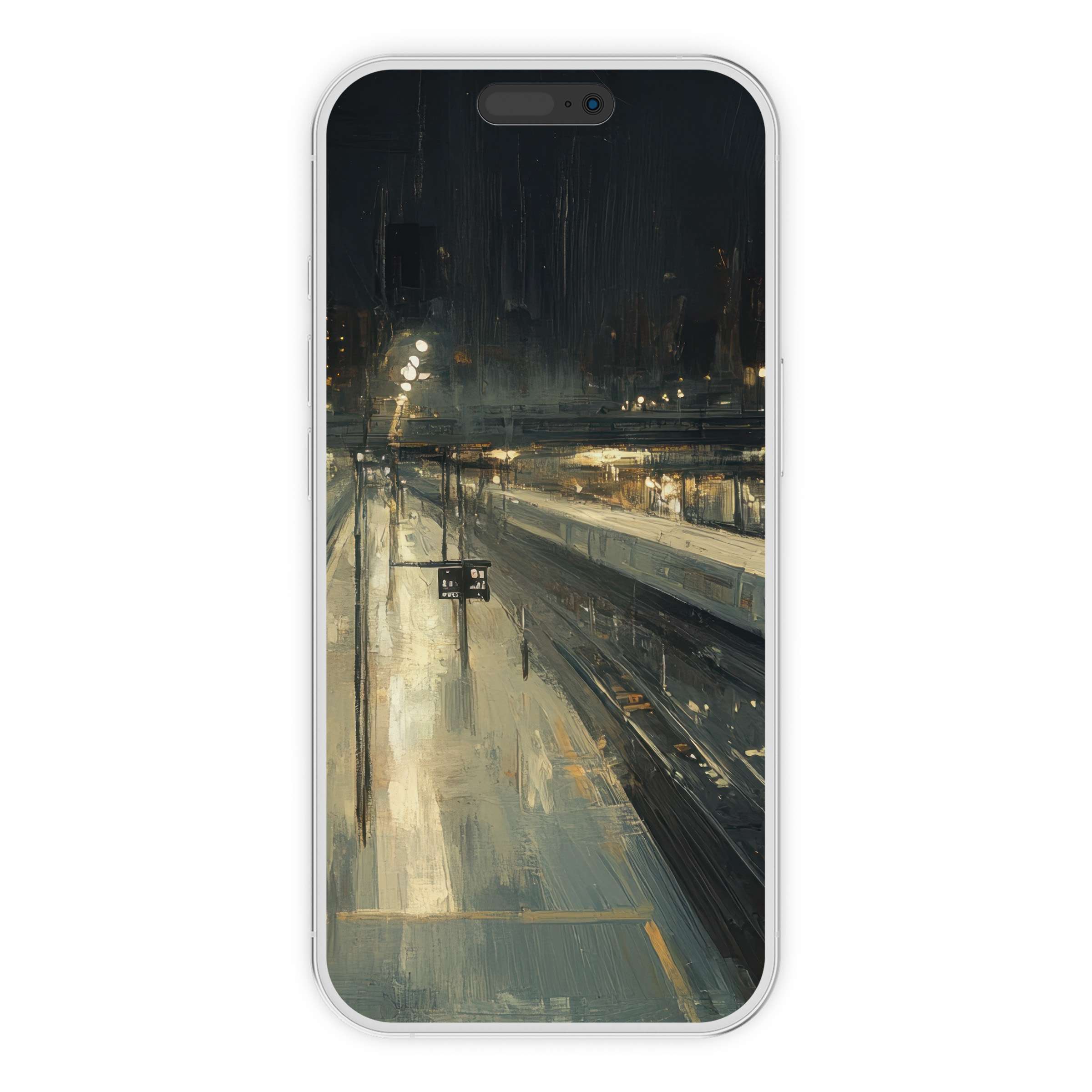 Urban art iPhone wallpaper showcasing a serene, impressionistic city night scene digital download perfect for phone background elegance
