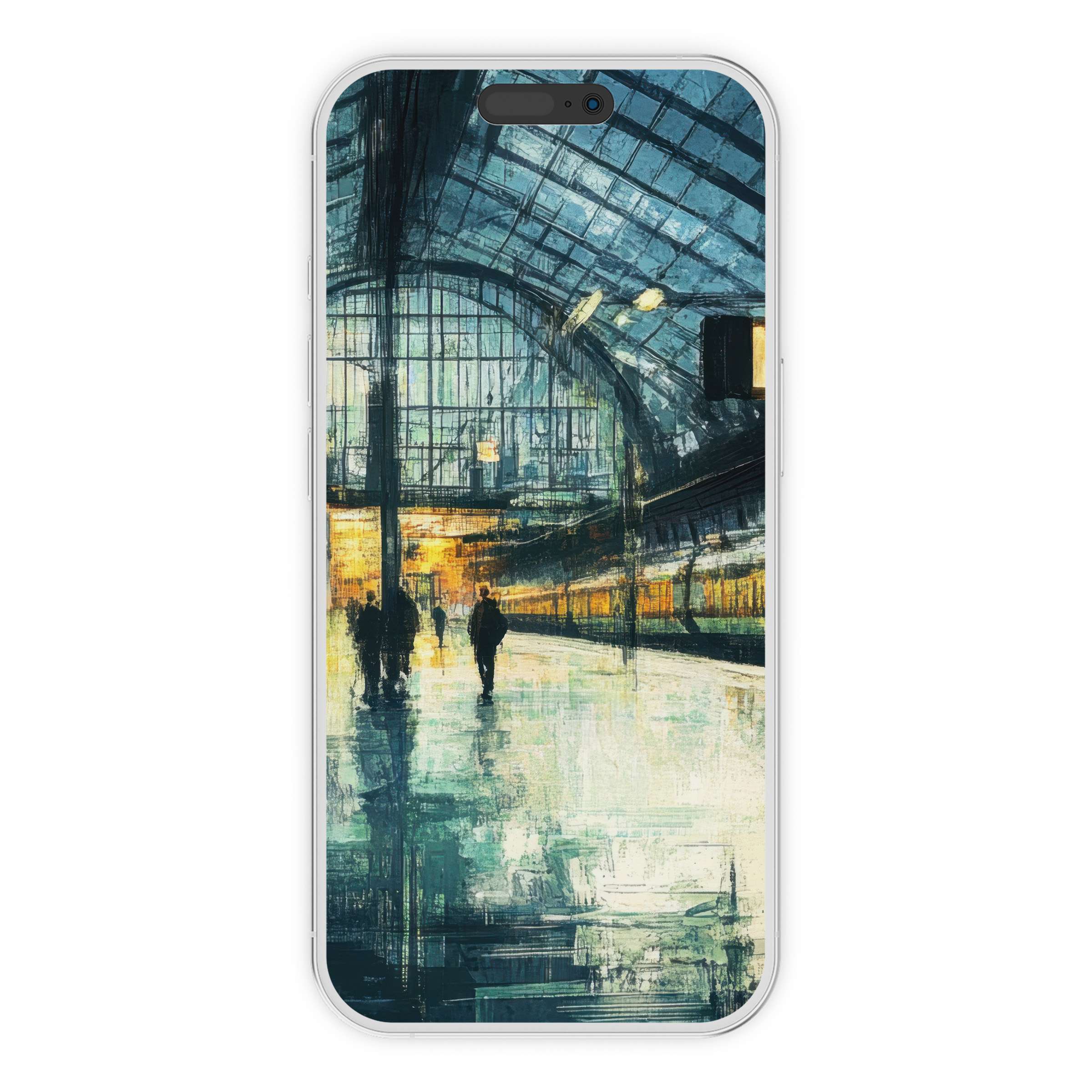 Urban art iPhone wallpaper featuring a serene station scene with cool blues and warm hues for a calming phone background digital download