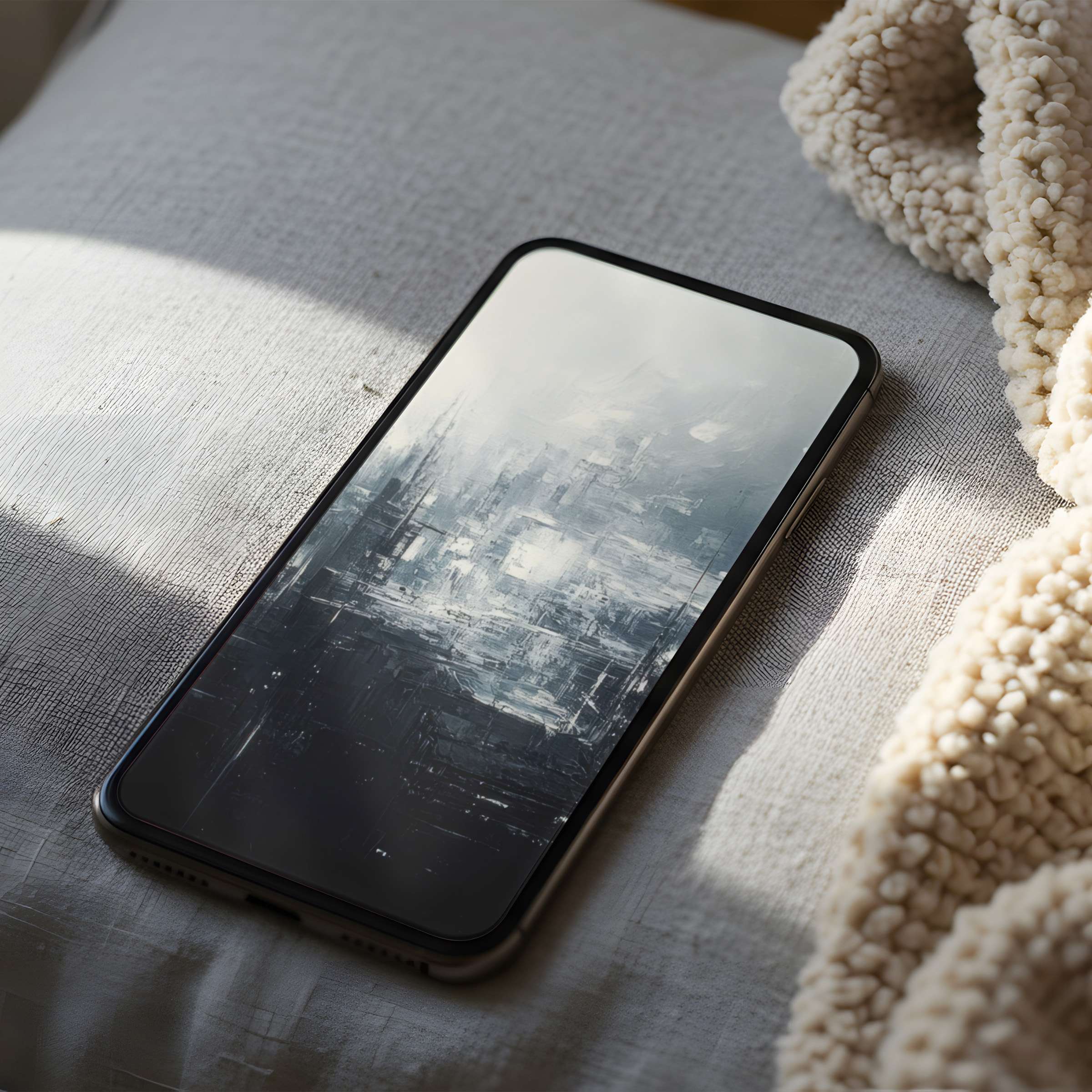Elegant phone wallpaper featuring a serene grayscale abstract cityscape suitable for iPhone and Android digital download enhancing tranquility