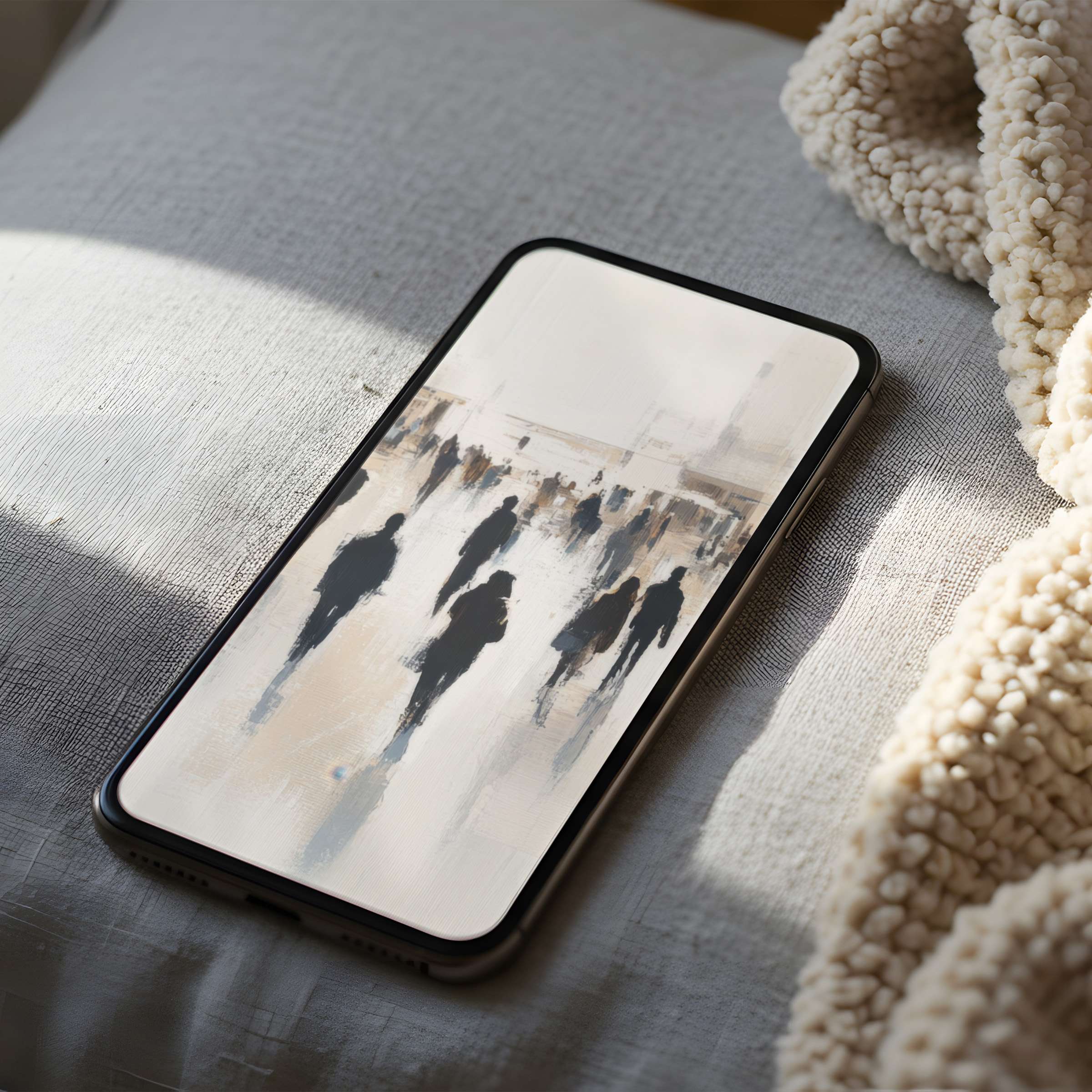 Elegant phone wallpaper depicting silhouetted figures in soft hues creates a calming, timeless design suitable for iPhone or Android users