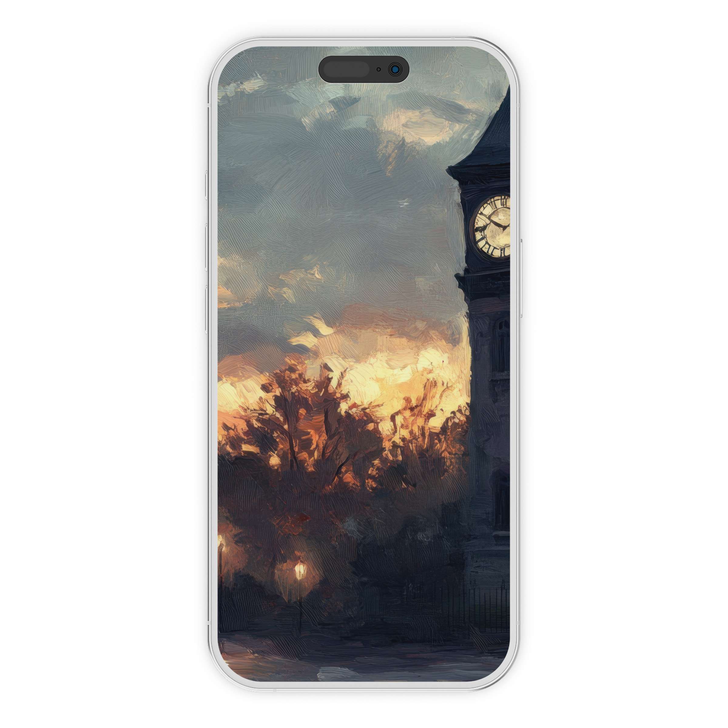 Urban art iPhone wallpaper showcasing a serene sunset over a clock tower with a soft, painterly texture perfect for phone backgrounds digital download