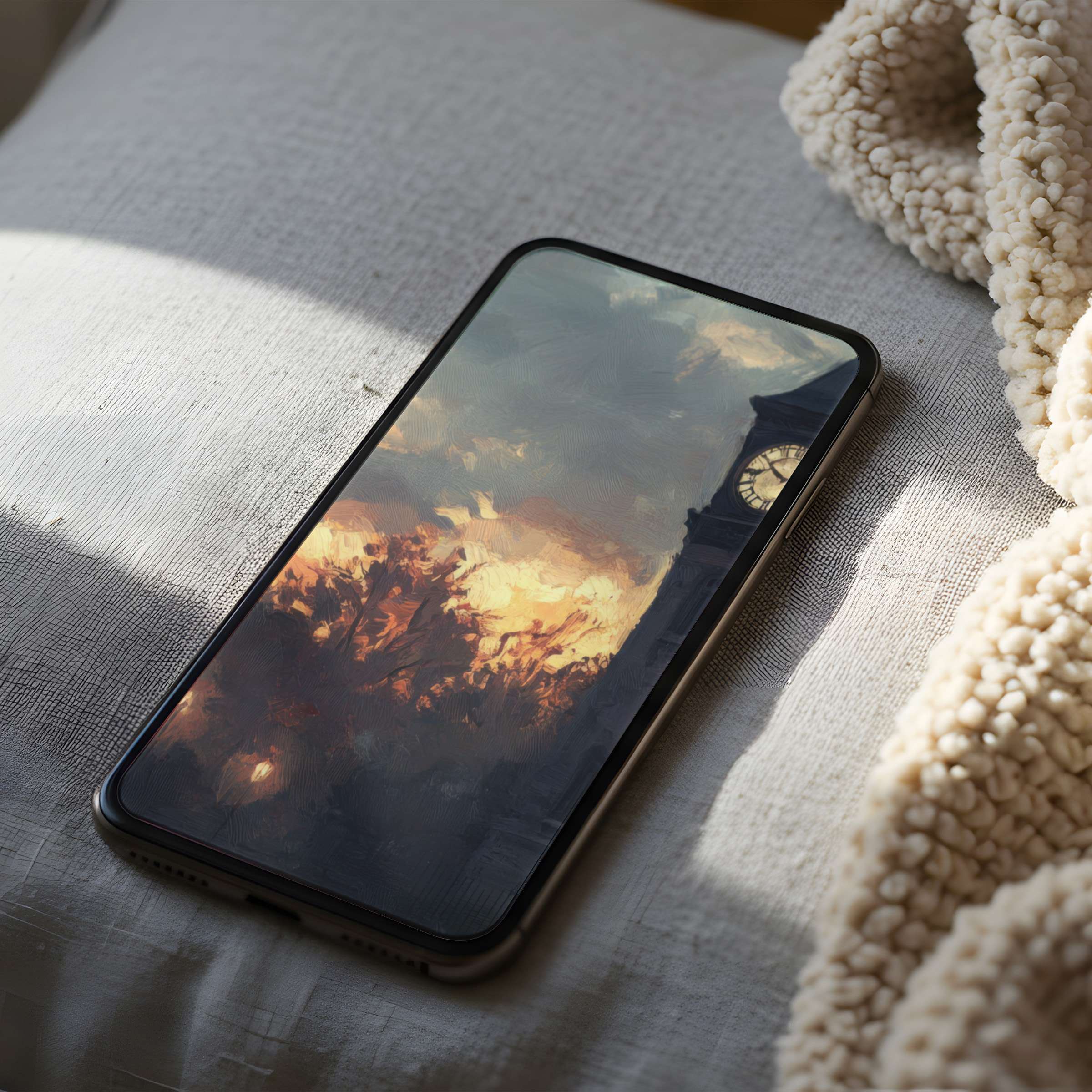 Serene sunset phone wallpaper featuring elegant brushstrokes and a clock tower, perfect for iPhone and Android high-resolution digital download