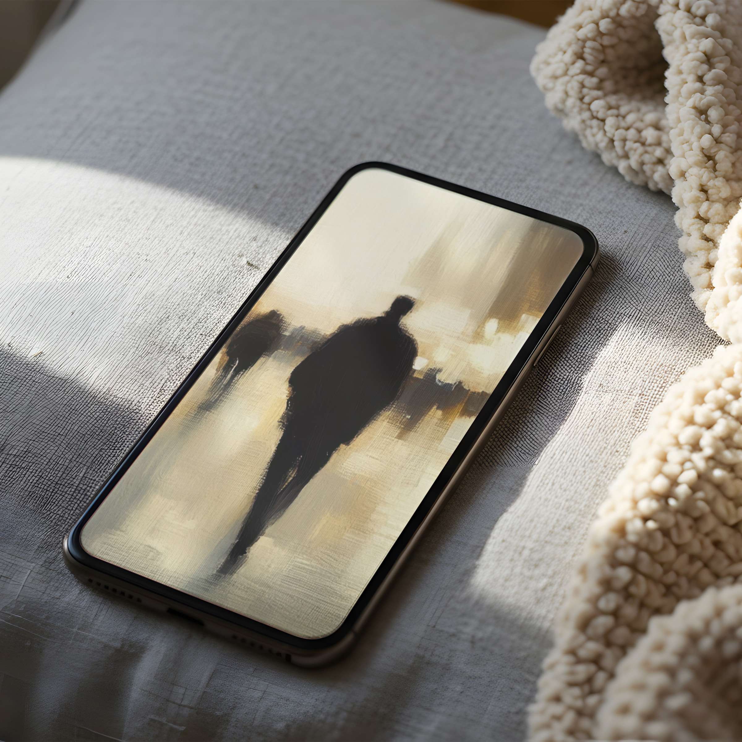 Elegant abstract phone wallpaper featuring silhouetted figures in calming earth tones, perfect for iPhone and android digital download