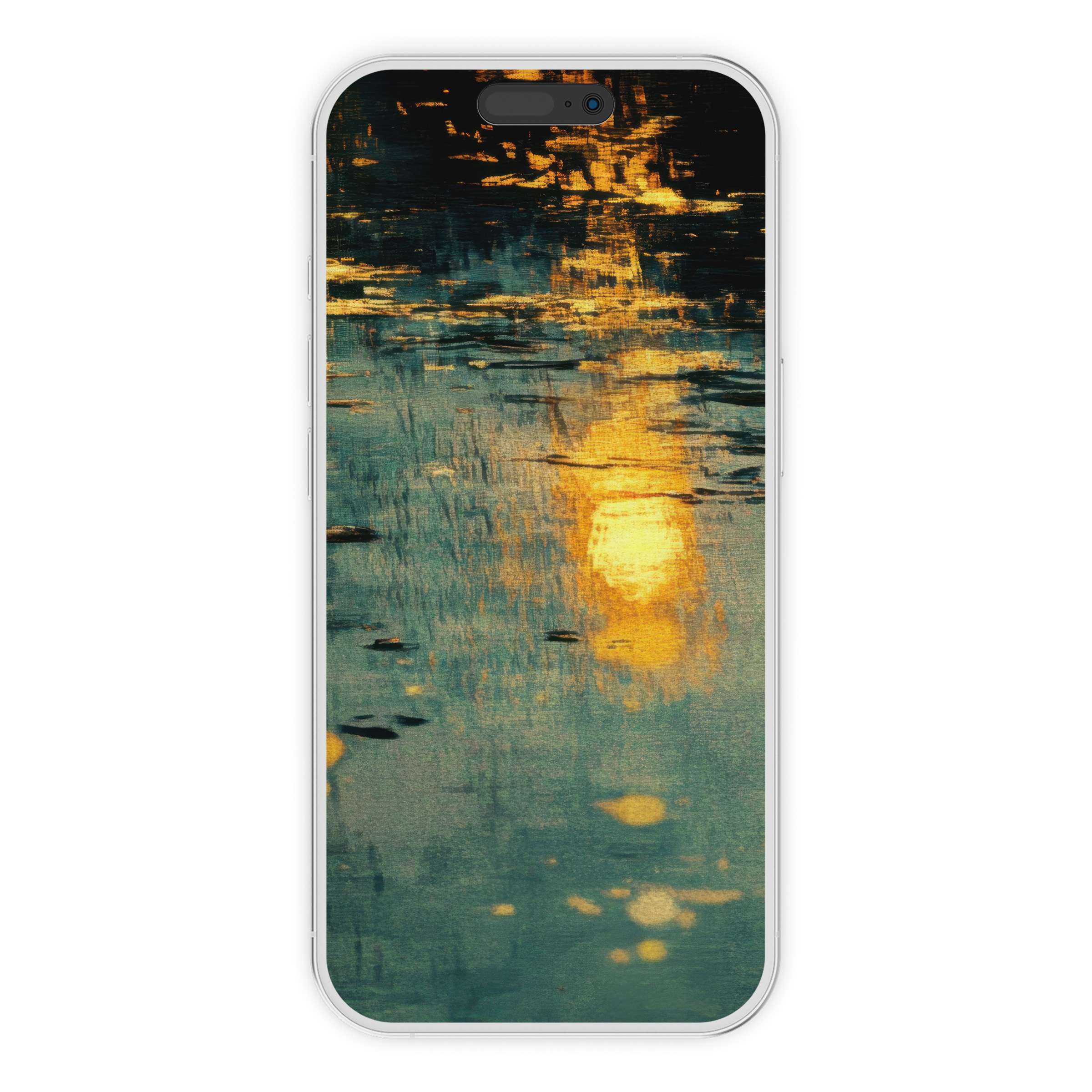 Vibrant urban art iPhone wallpaper featuring serene evening reflections in teal and gold, digital download for elegant phone background