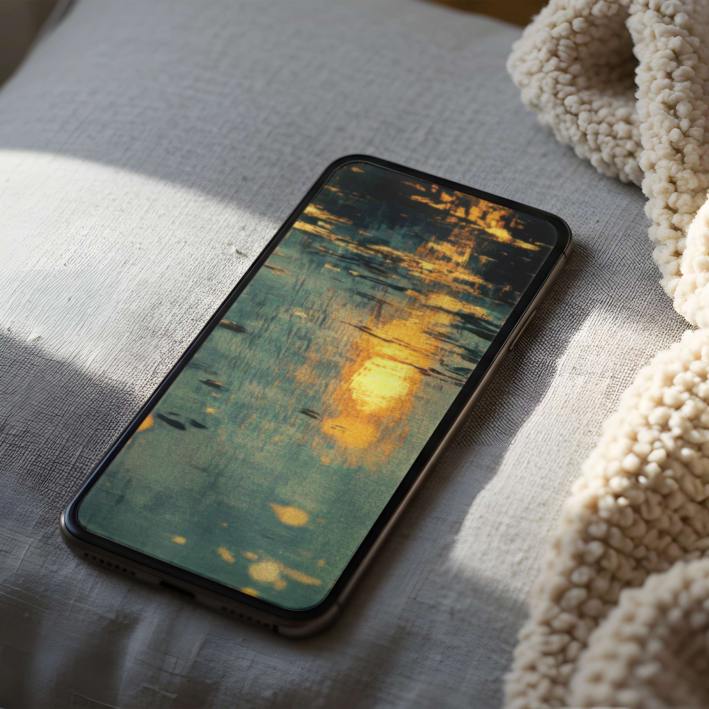 Tranquil digital phone wallpaper featuring a serene painterly sunset reflected on water suitable for iPhone and Android digital download