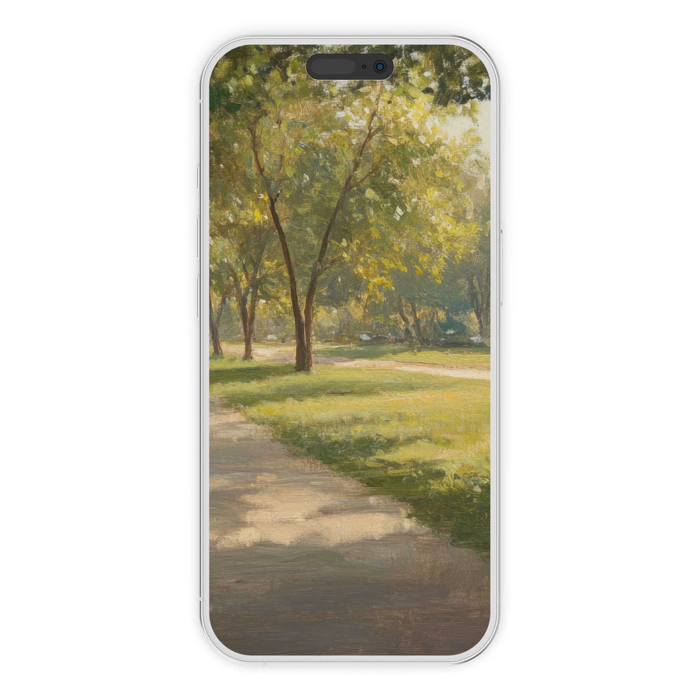 Tranquil urban art iPhone wallpaper featuring sunlit trees and serene path digital download for elegant phone background