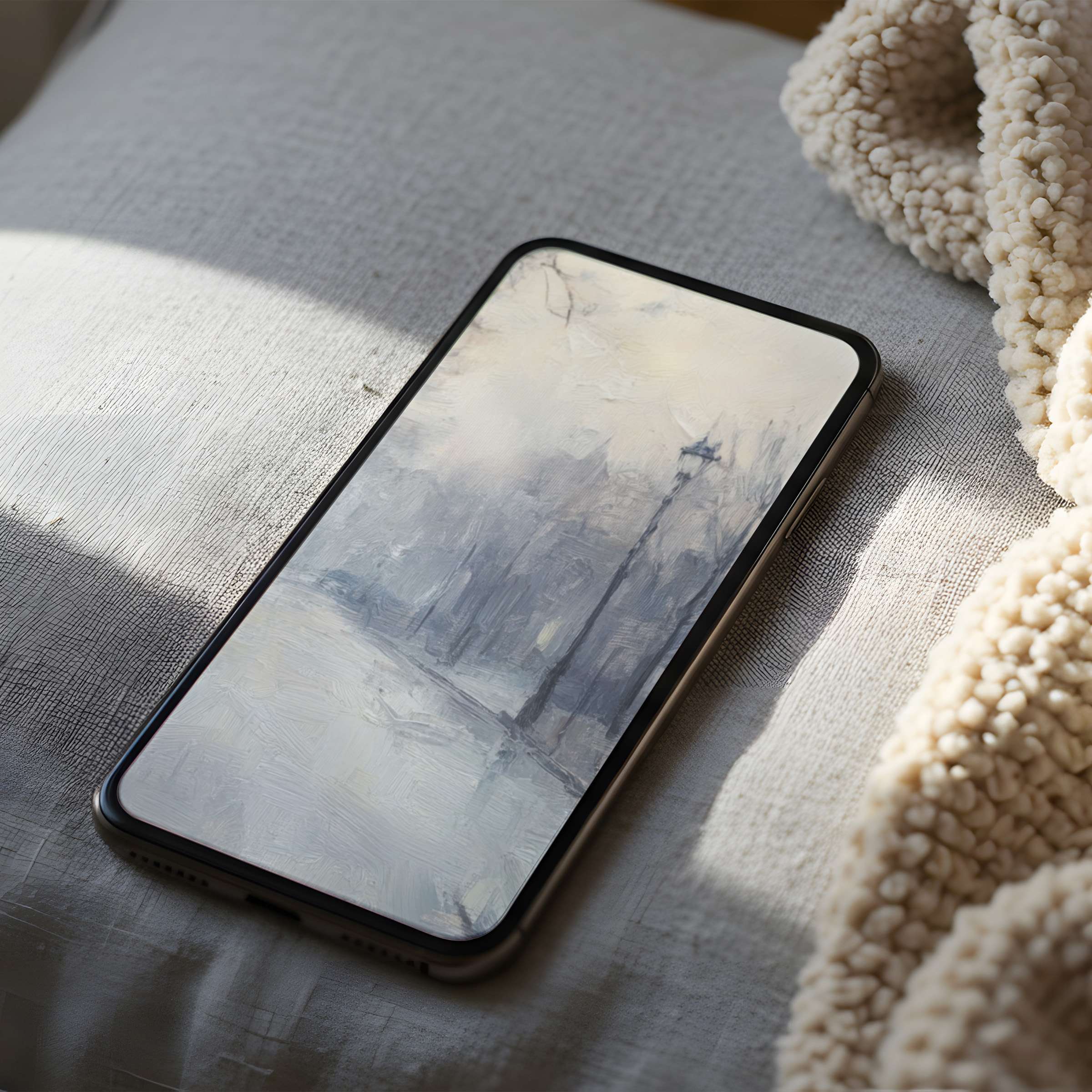 Elegant gray-blue phone wallpaper with serene streetlight motif adds tranquility to any iPhone or Android, perfect for digital download