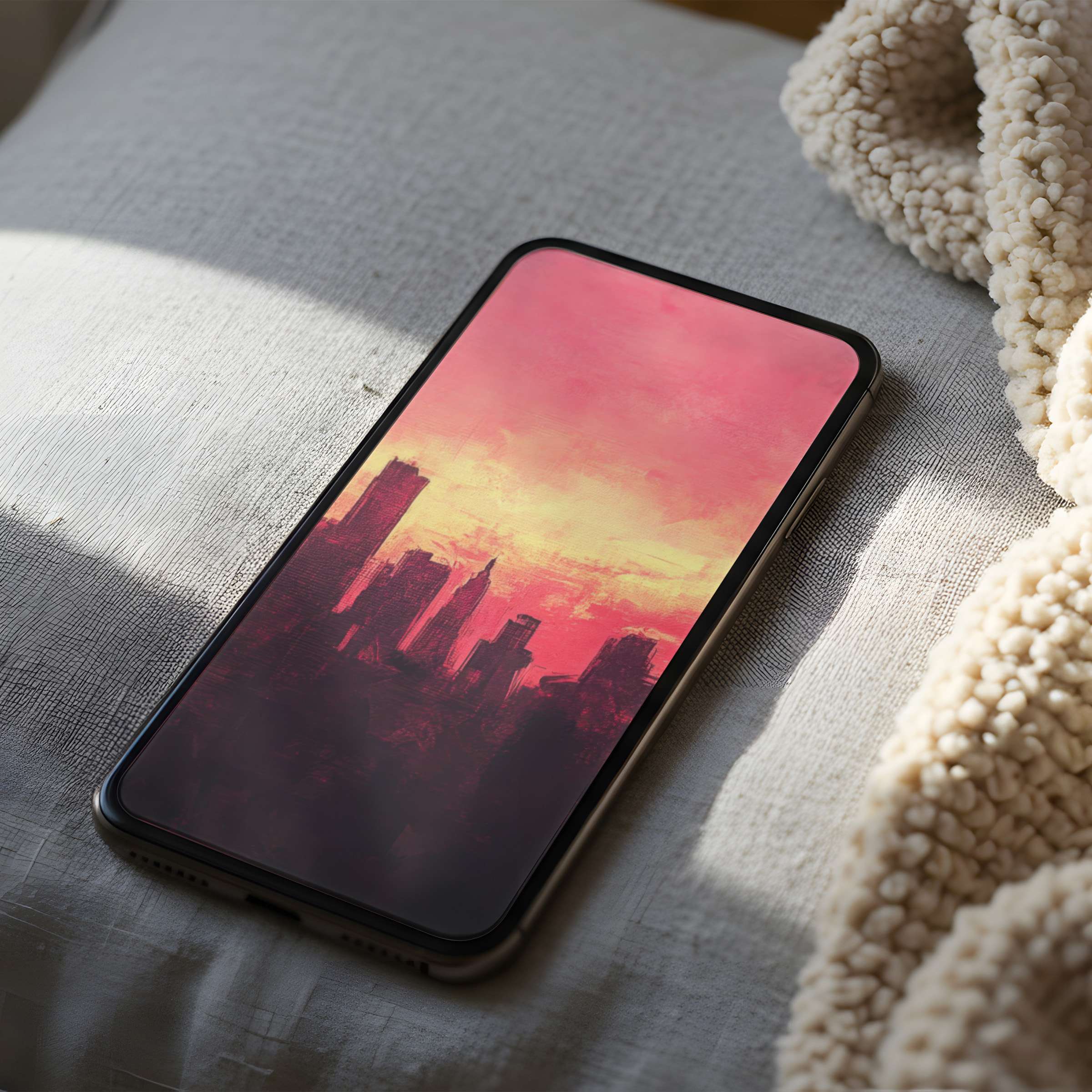 Elegant sunset skyline phone wallpaper with vibrant pinks and oranges, perfect high resolution for iPhone and Android, calming digital download