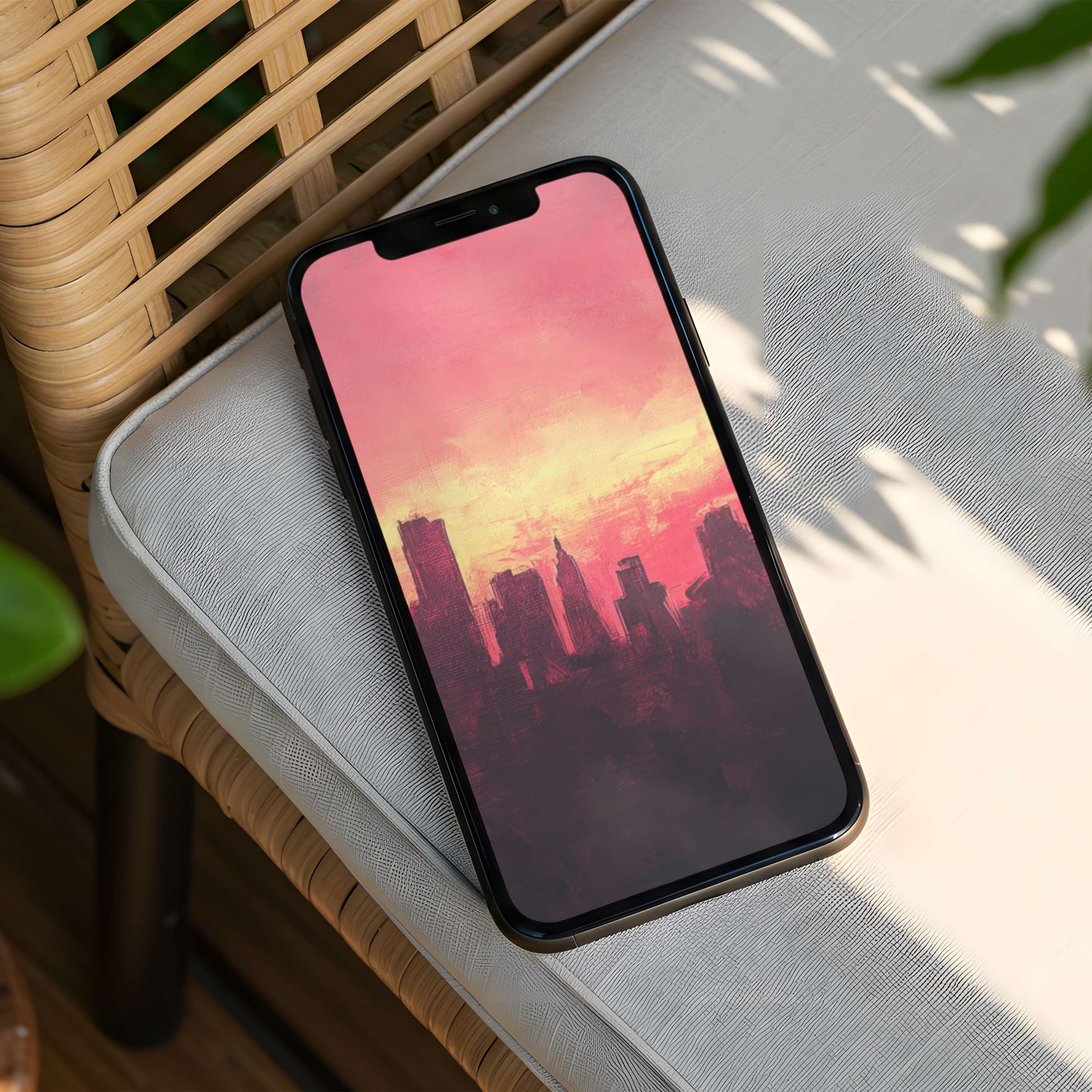 Elegant sunset cityscape iPhone background with calming pink hues for phone screens offers instant download for design-conscious souls