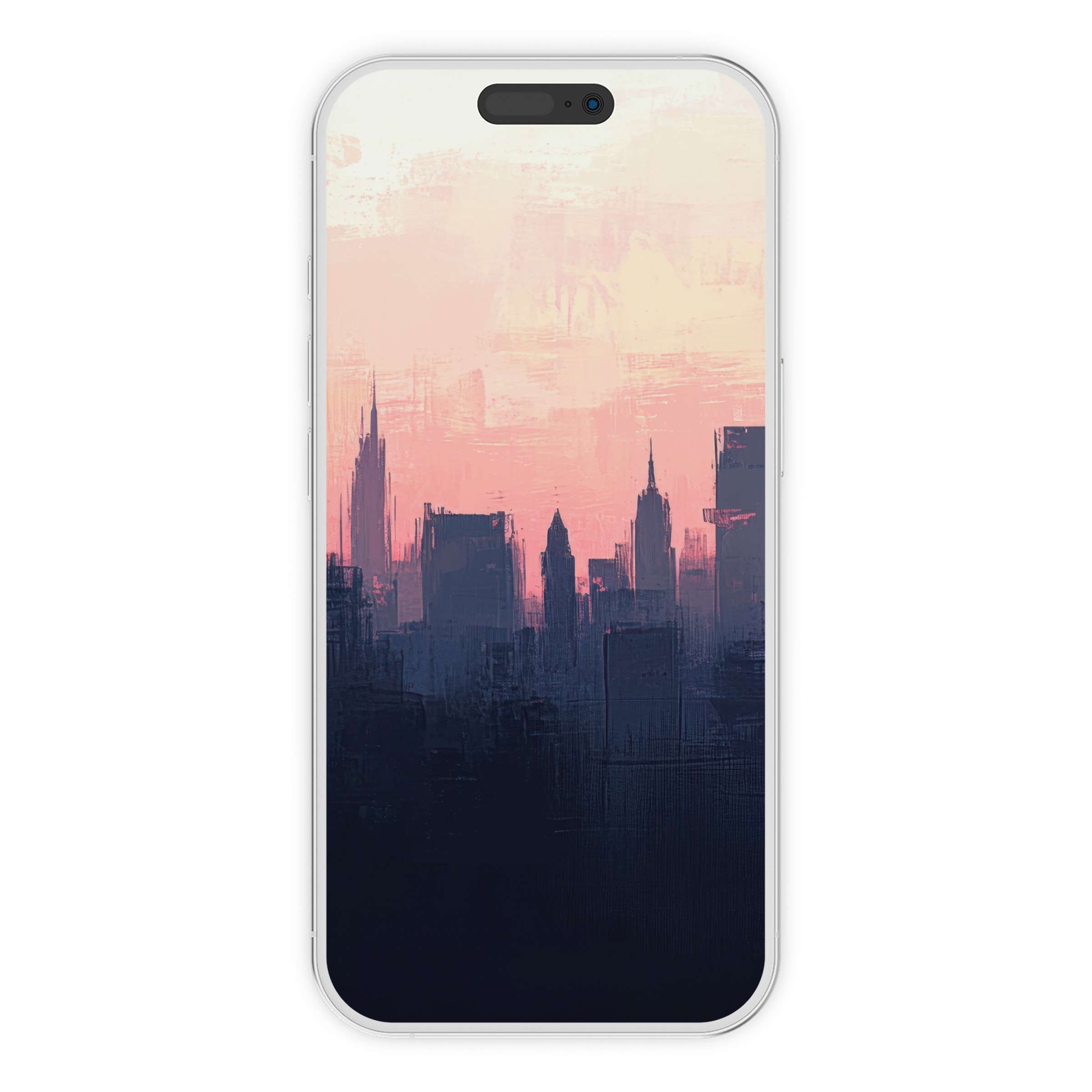 Urban art iPhone wallpaper featuring a serene digital download of a sunrise cityscape in pink tones, perfect for phone backgrounds