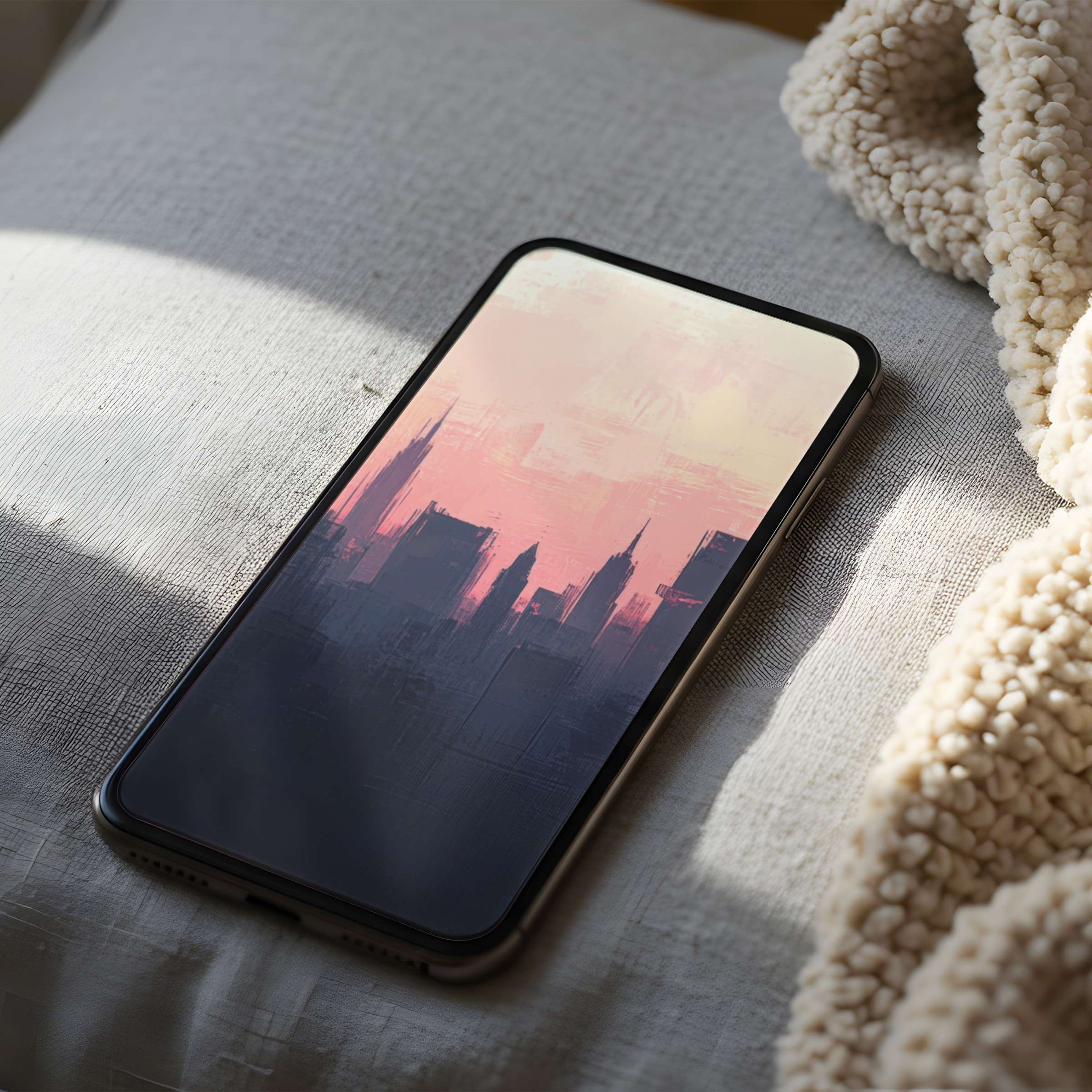 Elegant sunset cityscape phone wallpaper featuring pastel pinks and grays evokes tranquility, perfect for iPhone and Android phones, high resolution download