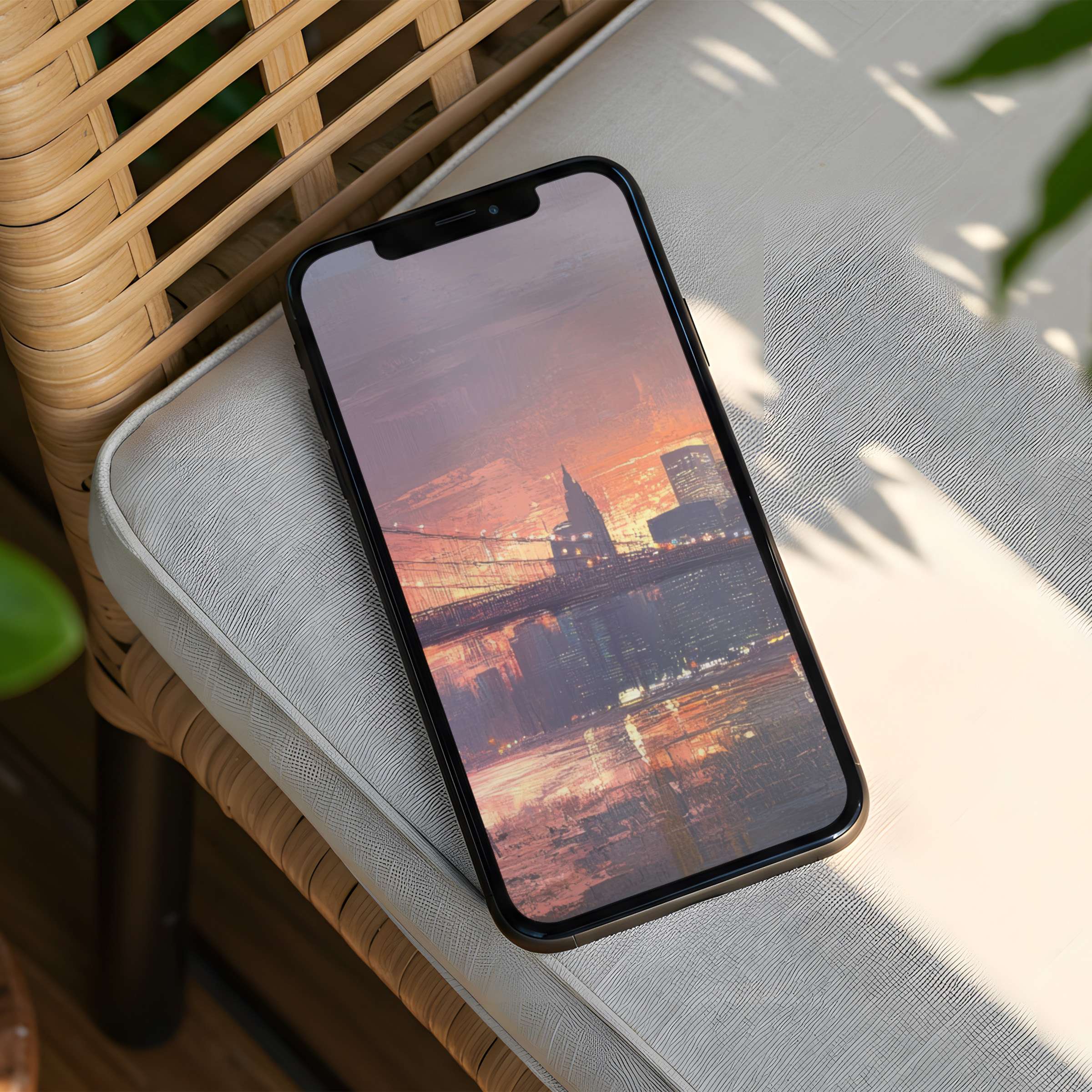 Elegant iPhone background featuring a serene cityscape at sunset, offering calm and inspiration as an instant download for any phone