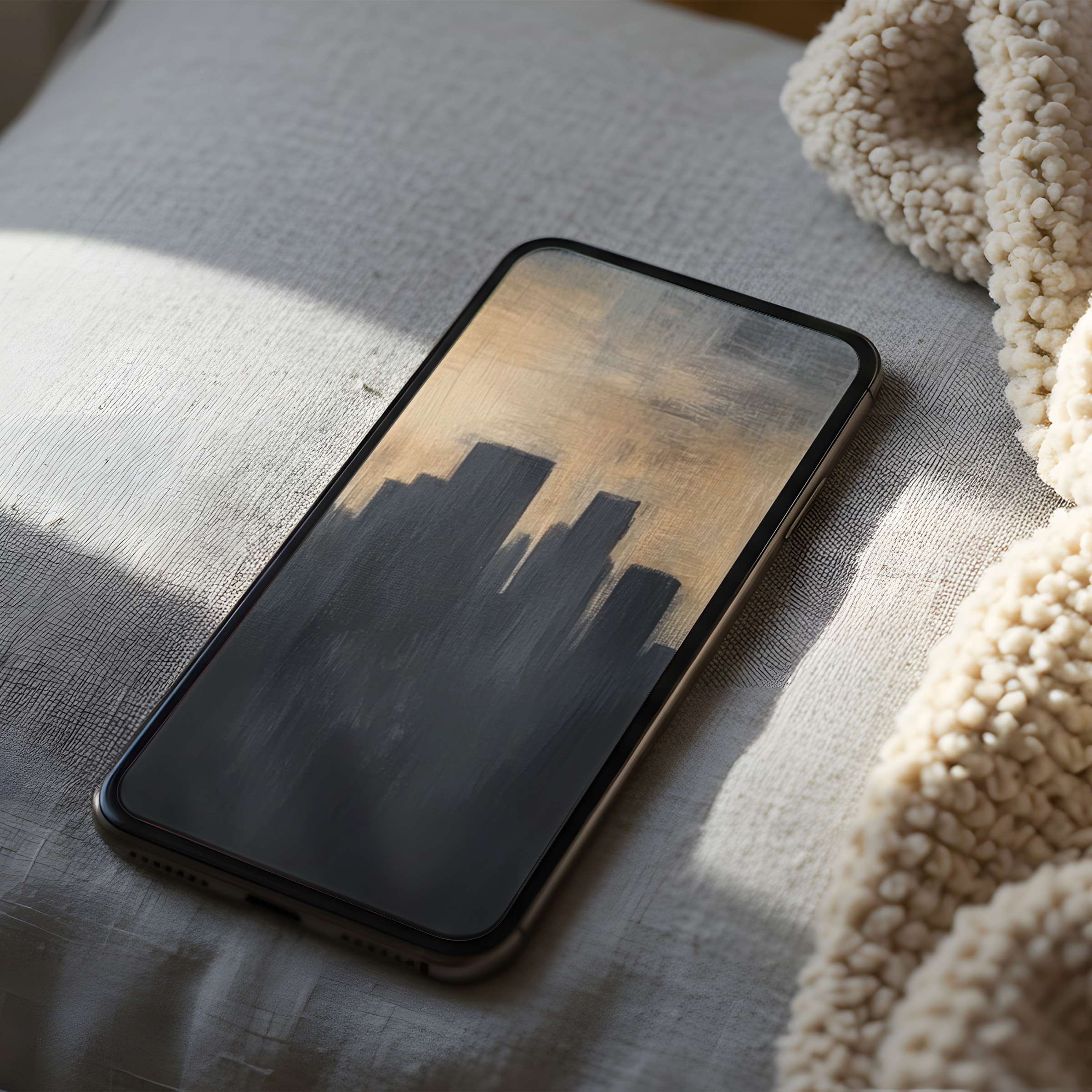 Elegant phone wallpaper featuring a serene city skyline in muted tones, perfect for iPhone or Android high-resolution download