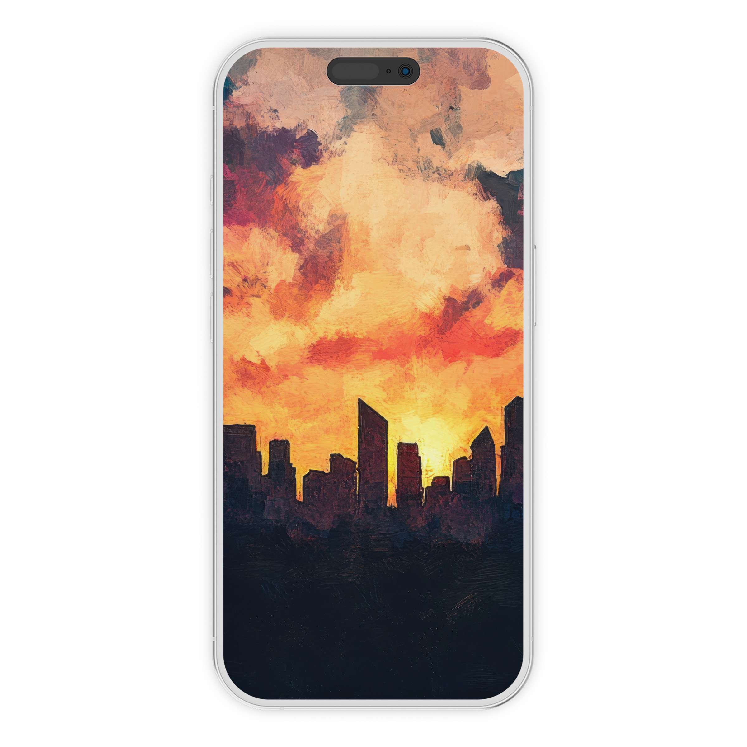 Vibrant urban art iPhone wallpaper with a sunset skyline, perfect phone background for digital download and stylish design lovers