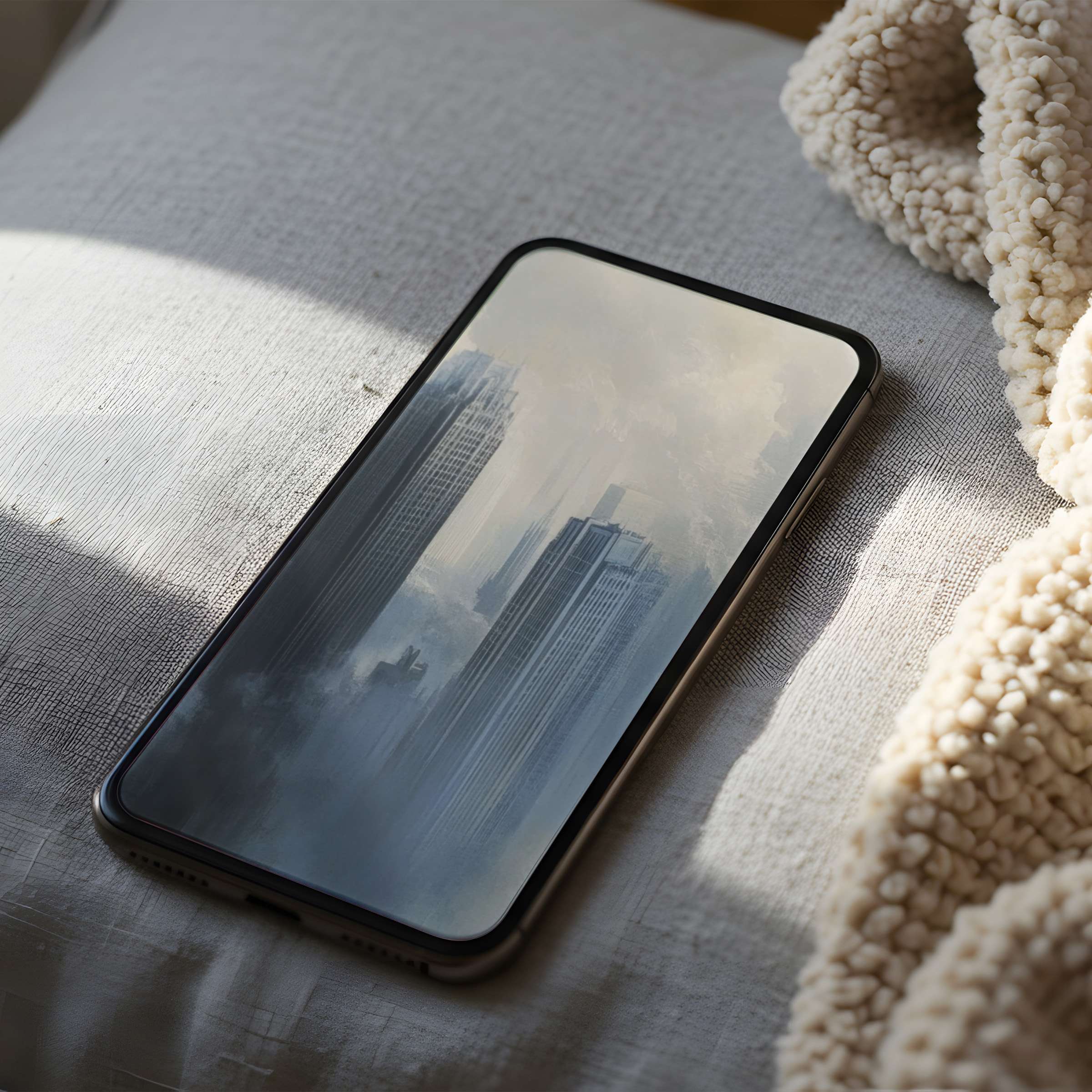 High resolution phone wallpaper featuring serene cityscape artwork in soft greys for iPhone and Android digital download placement