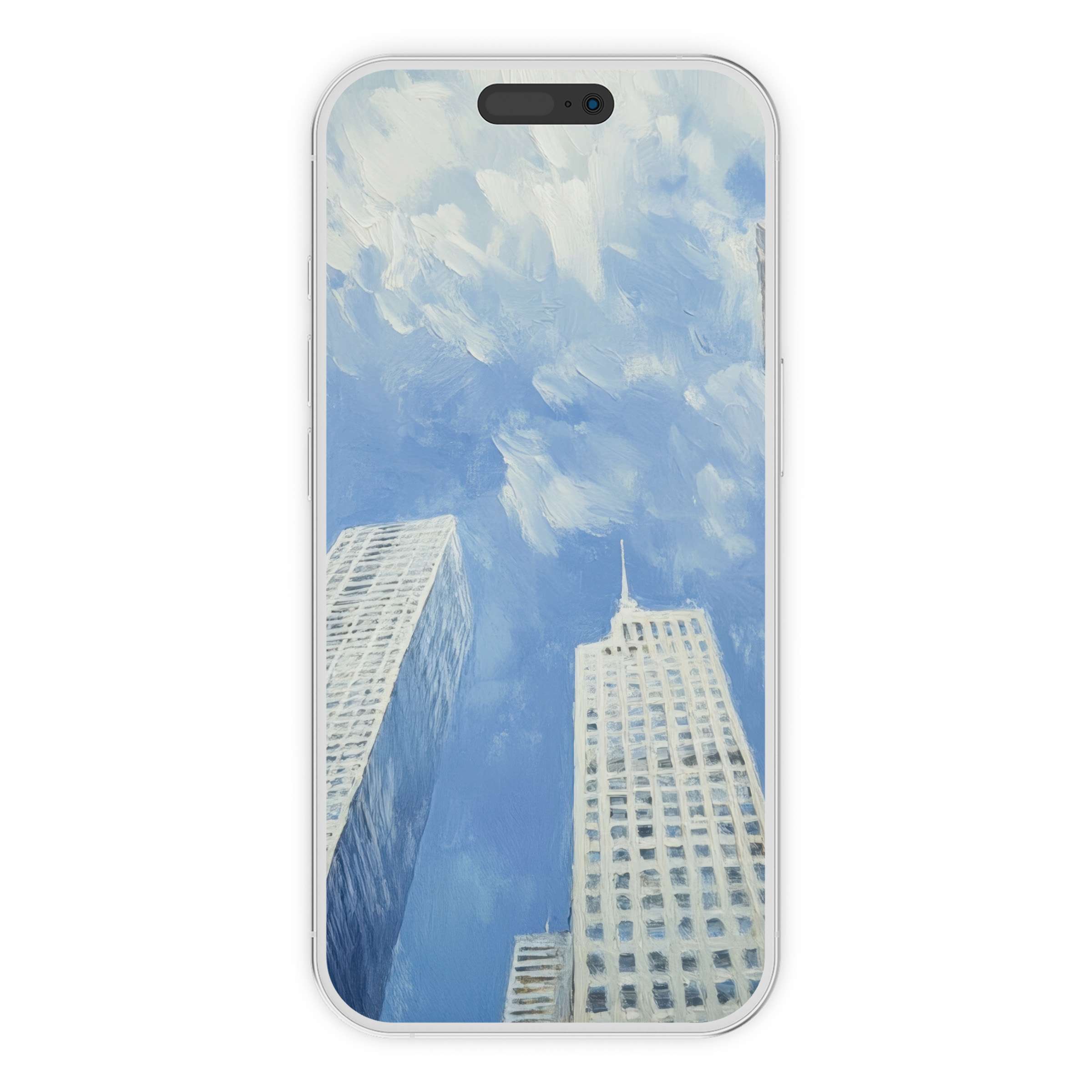 Elegant urban art iPhone wallpaper featuring a serene cityscape painting with blue skies perfect as a calming phone background digital download