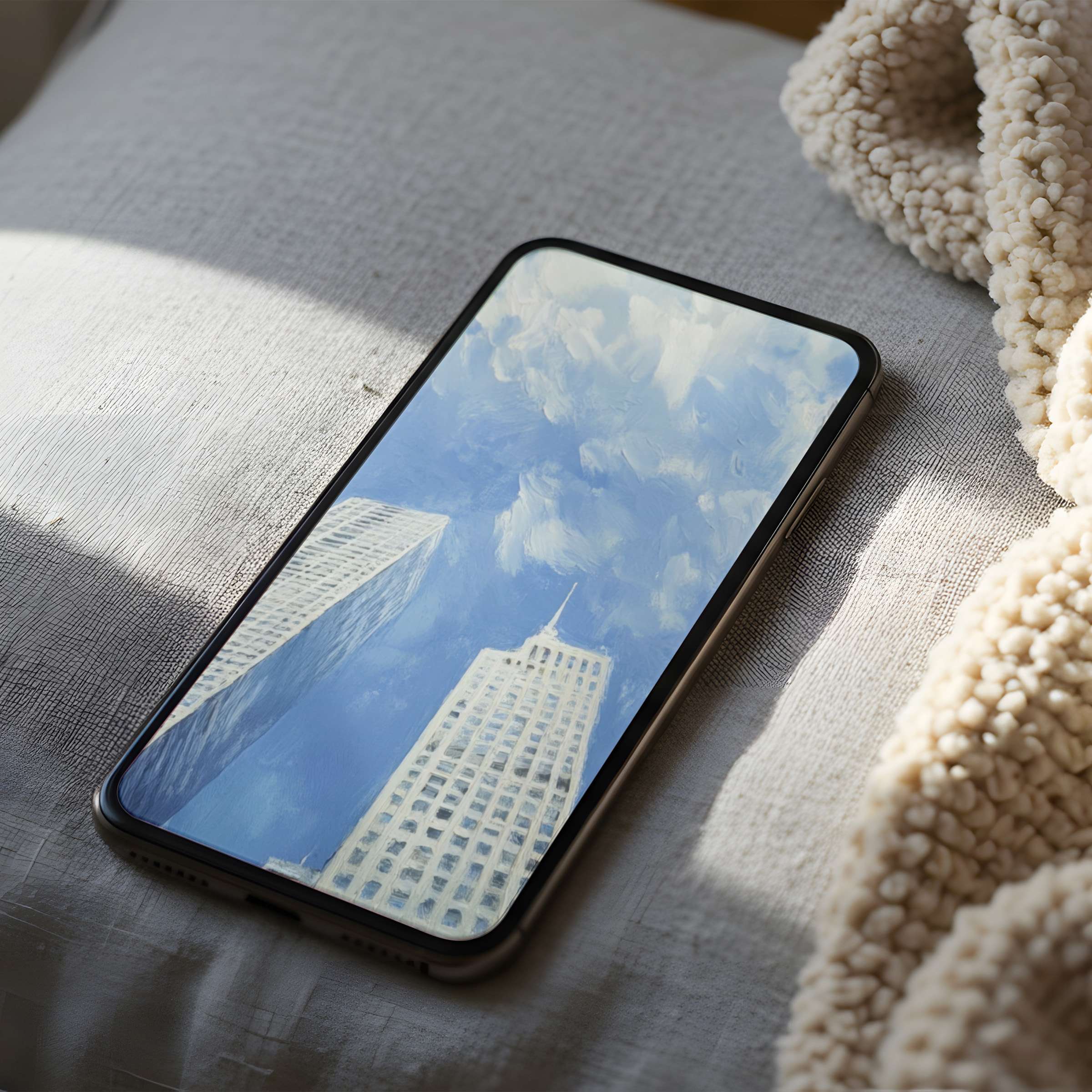 Elegant phone wallpaper featuring serene sky and skyscrapers in soft blue tones perfect for iPhone and Android digital download
